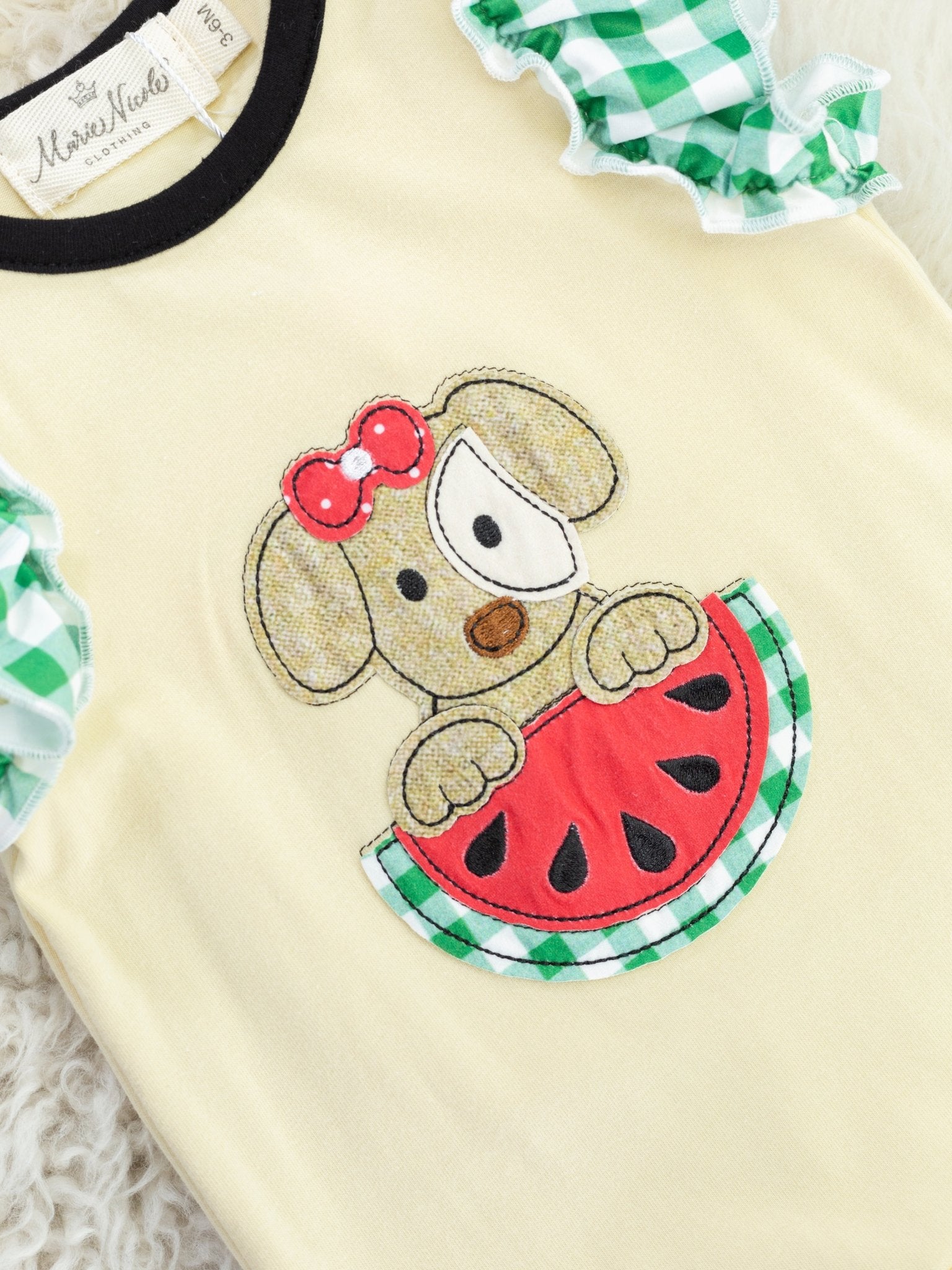 Green Gingham Watermelon Puppy Ruffle Romper - Marie Nicole Clothing