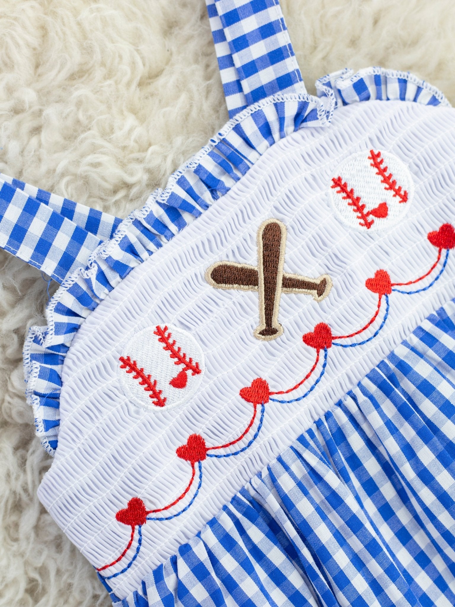 Royal Blue Smocked Baseball Bubble Romper - Marie Nicole Clothing