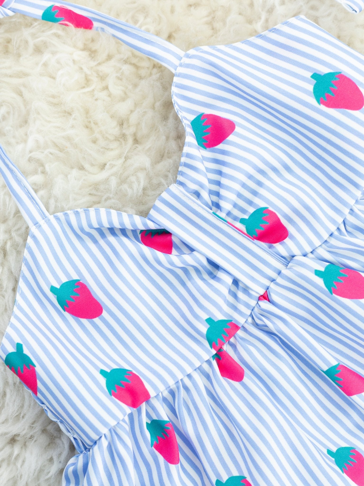 Blue Pinstripe Strawberry Ruffle Outfit - Marie Nicole Clothing
