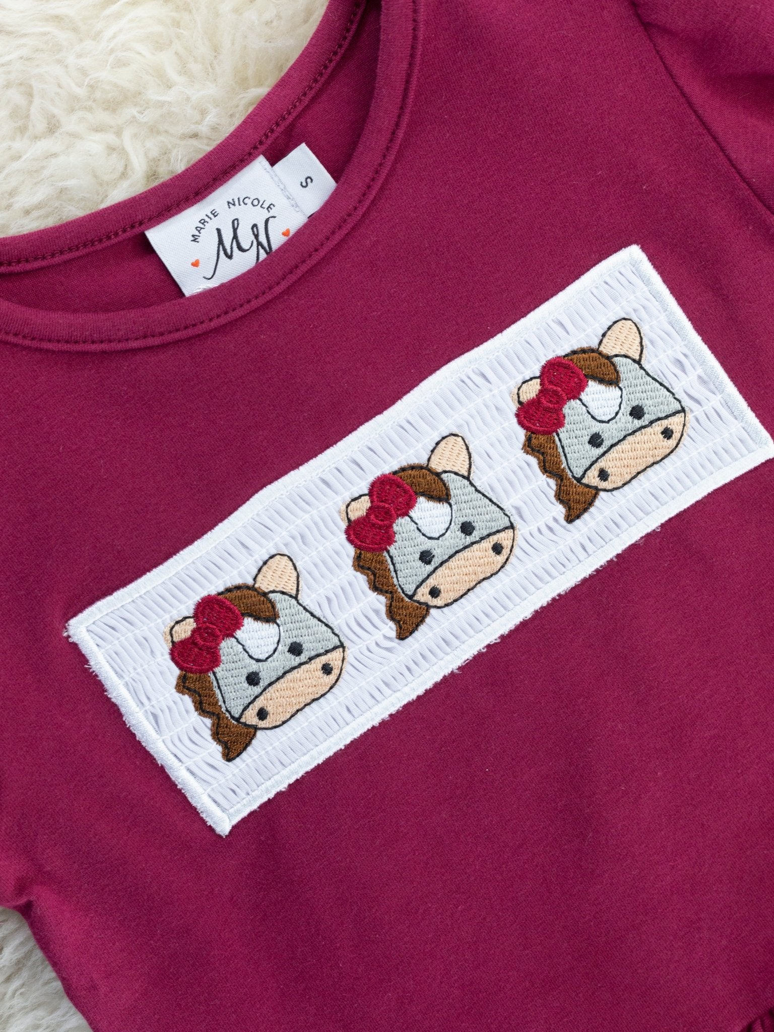 Maroon Smocked Horse Ruffle Outfit - Marie Nicole Clothing