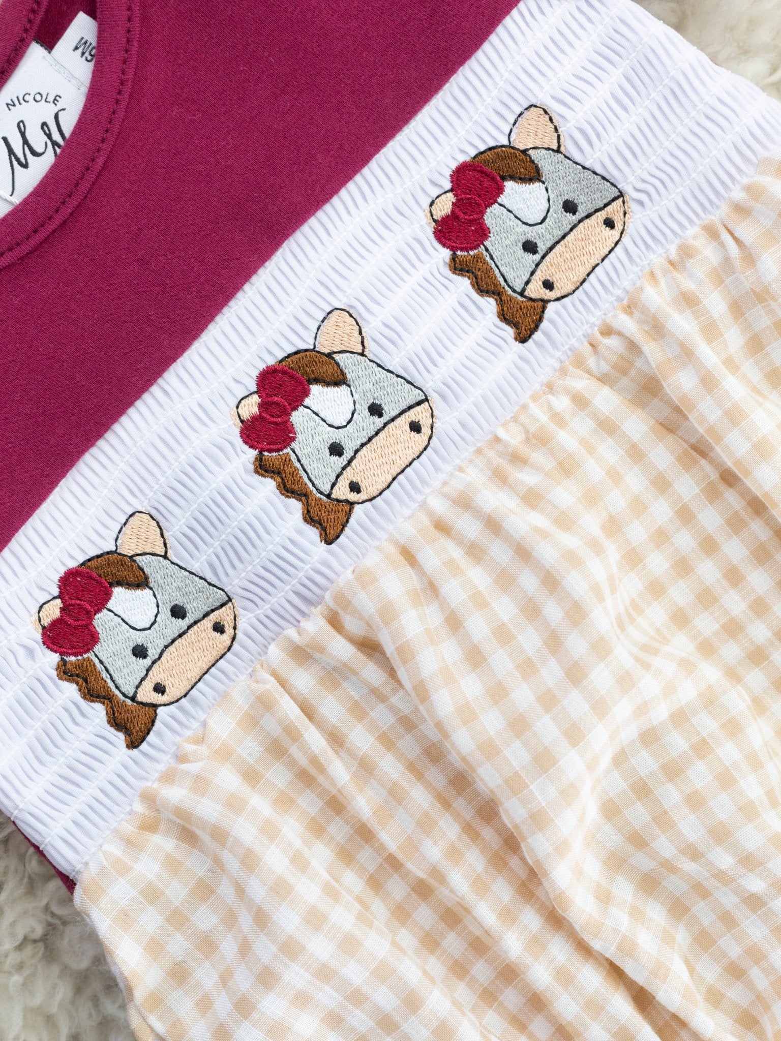 Maroon Smocked Horse Ruffle Bubble Romper - Marie Nicole Clothing