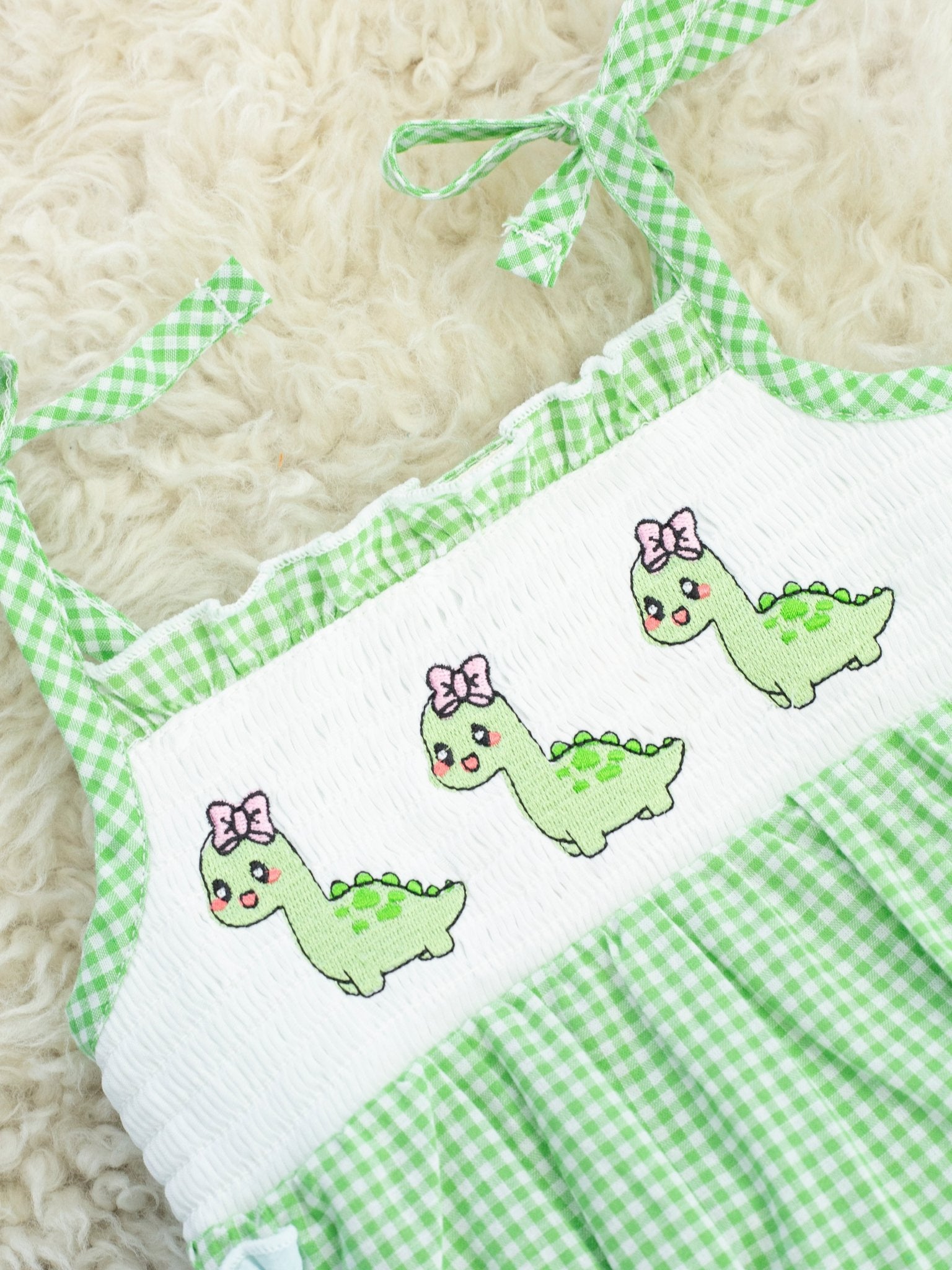 Green Smocked Dinosaur Ruffle Bubble Romper - Marie Nicole Clothing