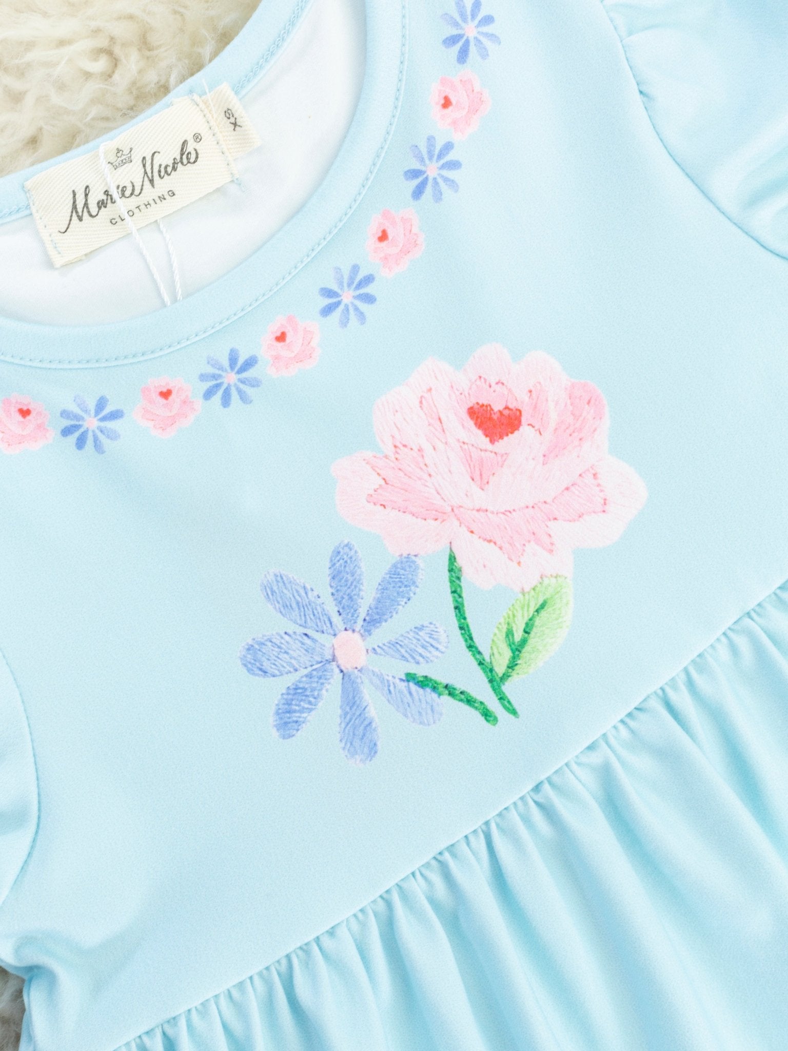 Sky Blue Floral Ruffle Dress - Marie Nicole Clothing