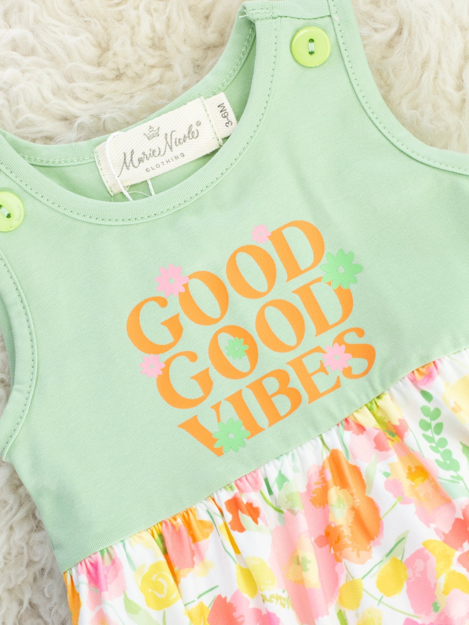 Sage "Good Vibes" Floral Ruffle Bubble Romper - Marie Nicole Clothing