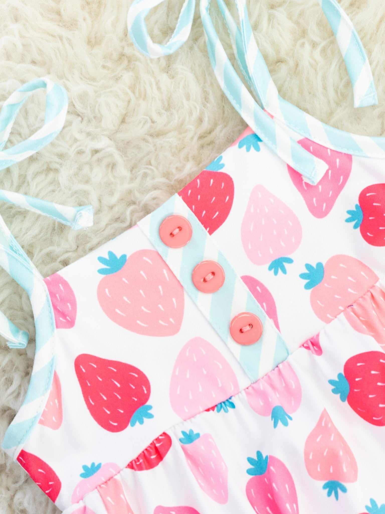 Blue Stripe Strawberry Tank Ruffle Bubble Romper - Marie Nicole Clothing