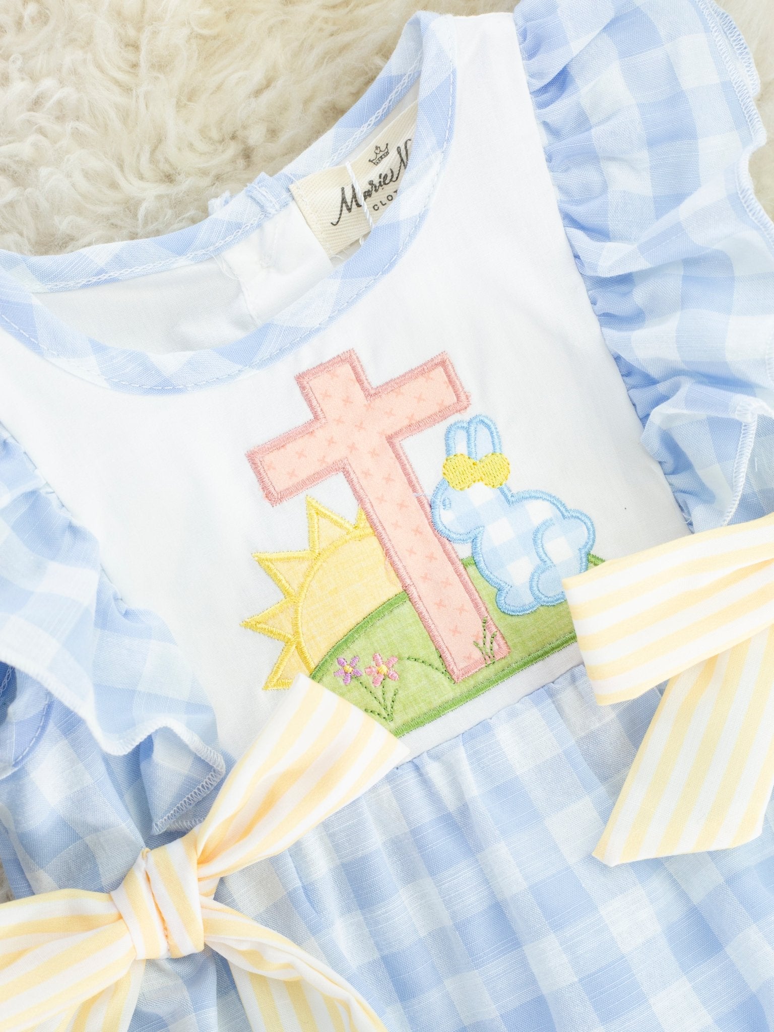Light Blue Gingham Cross Flutter Sleeve Bubble Romper - Marie Nicole Clothing