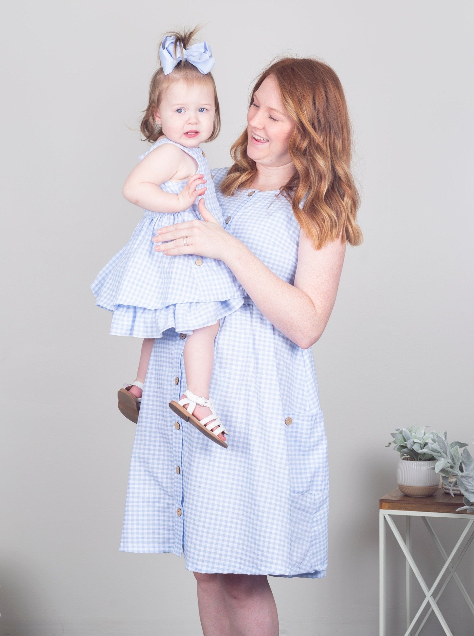 Mom & Me Blue Gingham Button Dress & Romper - Marie Nicole Clothing