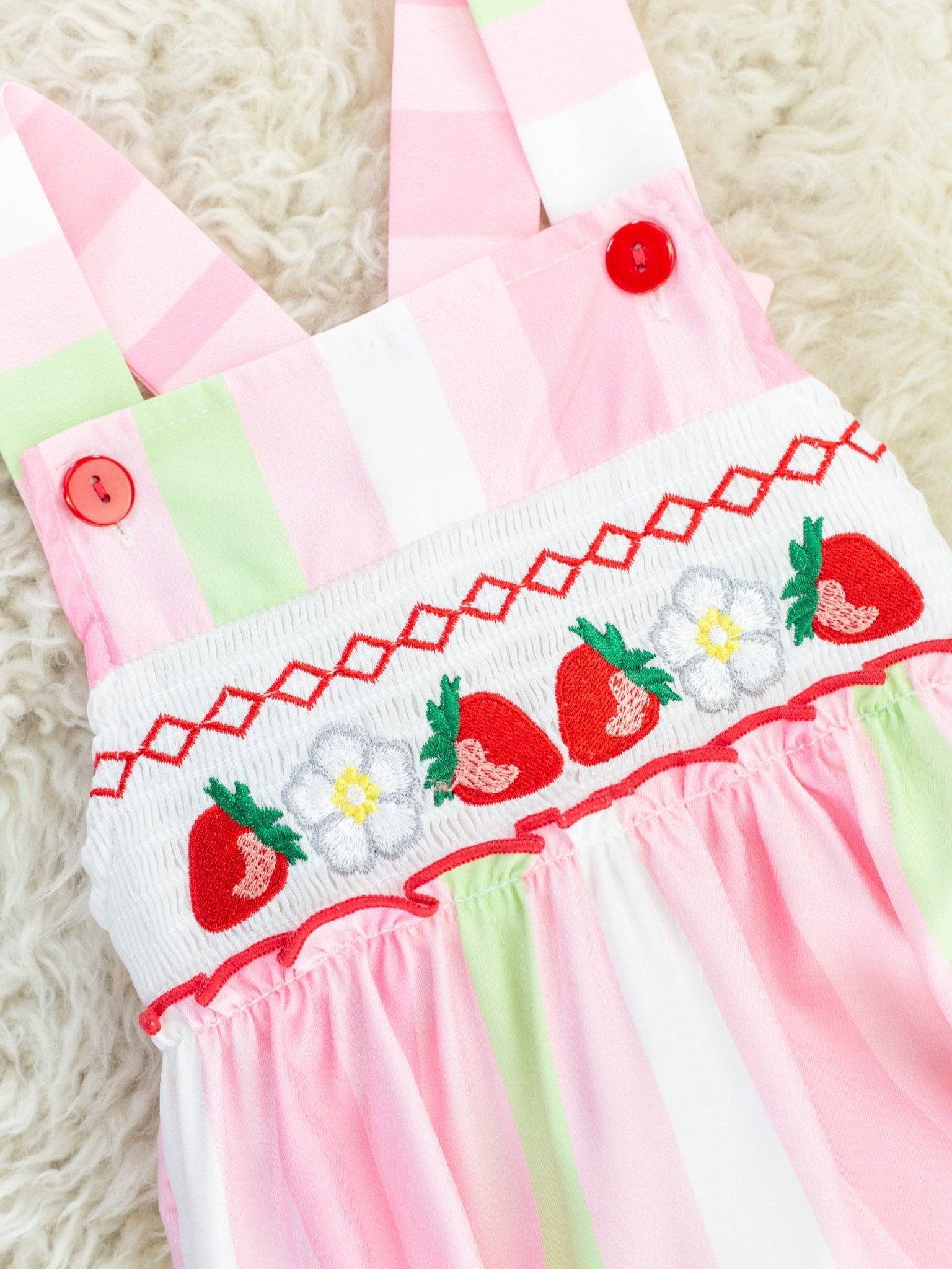Pink & Green Striped Smocked Strawberry Bubble Romper - Marie Nicole Clothing