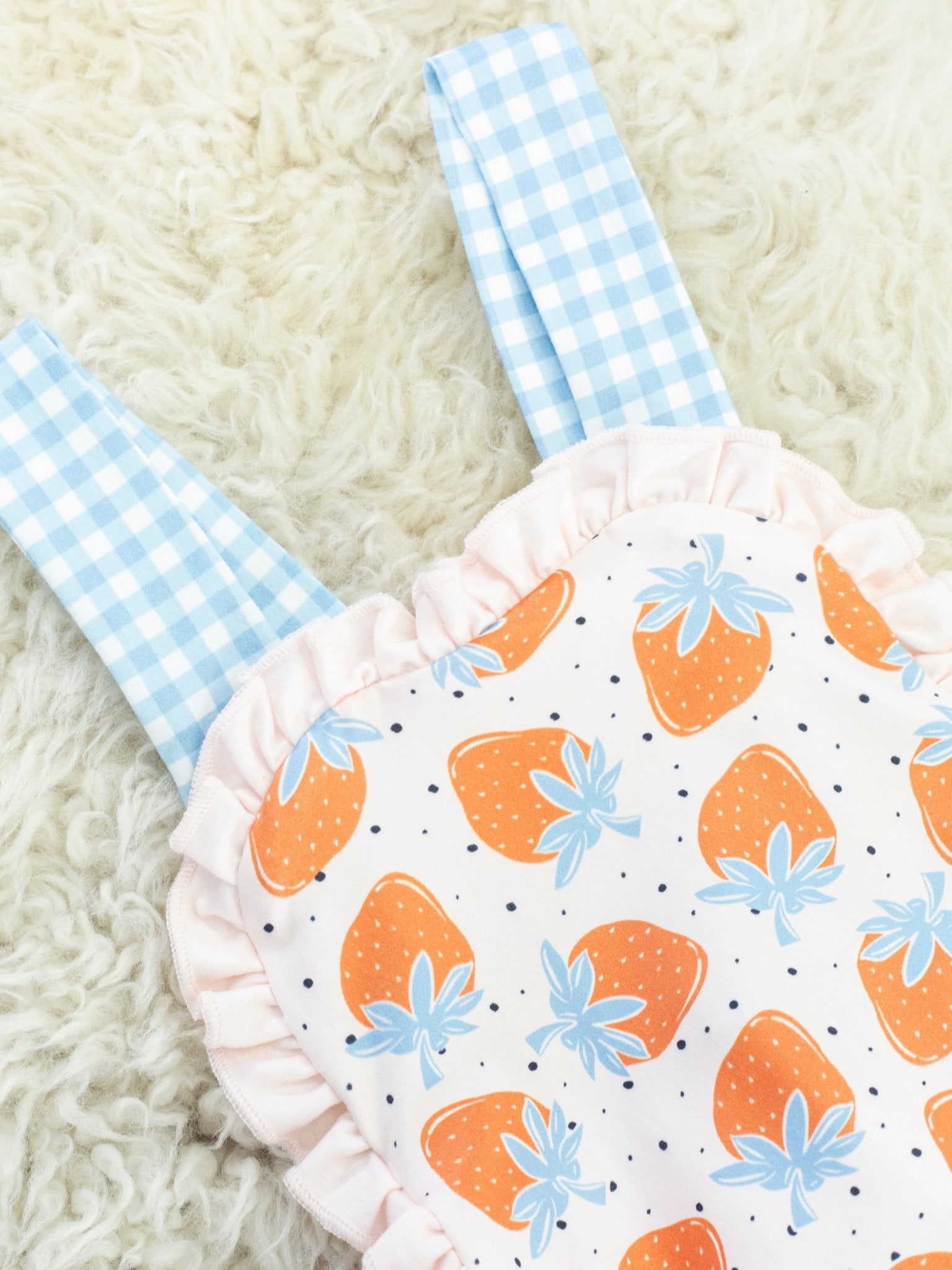 Tan Strawberry Gingham Ruffle Bubble Romper - Marie Nicole Clothing