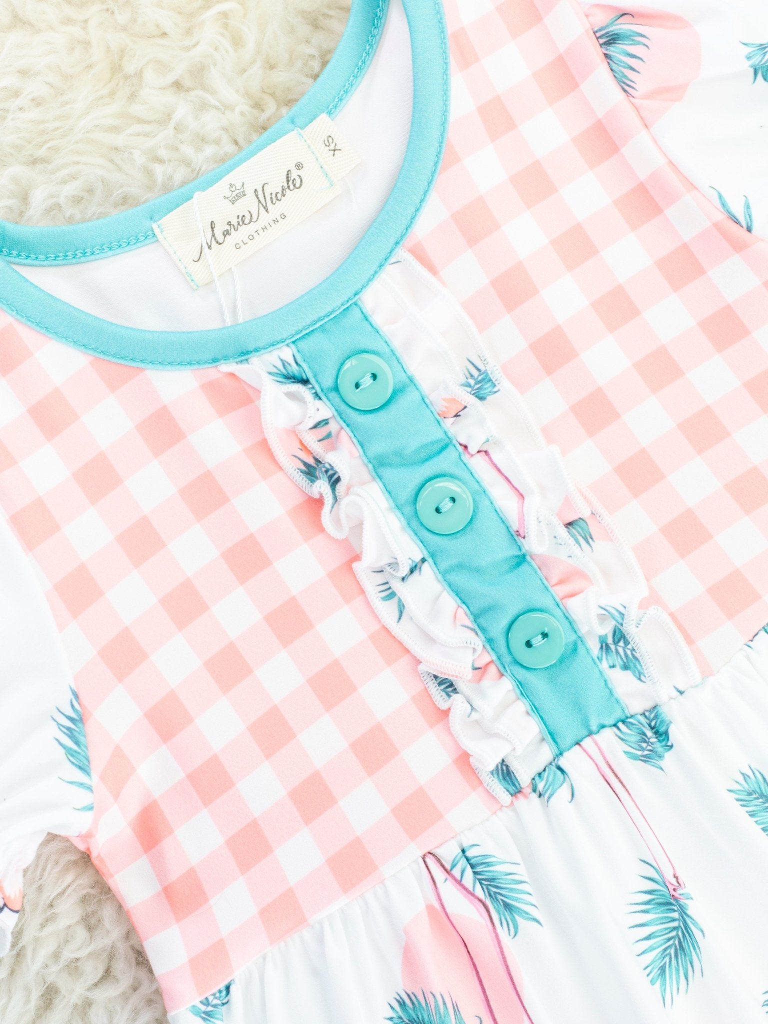 Coral Gingham Flamingo Ruffle Dress - Marie Nicole Clothing