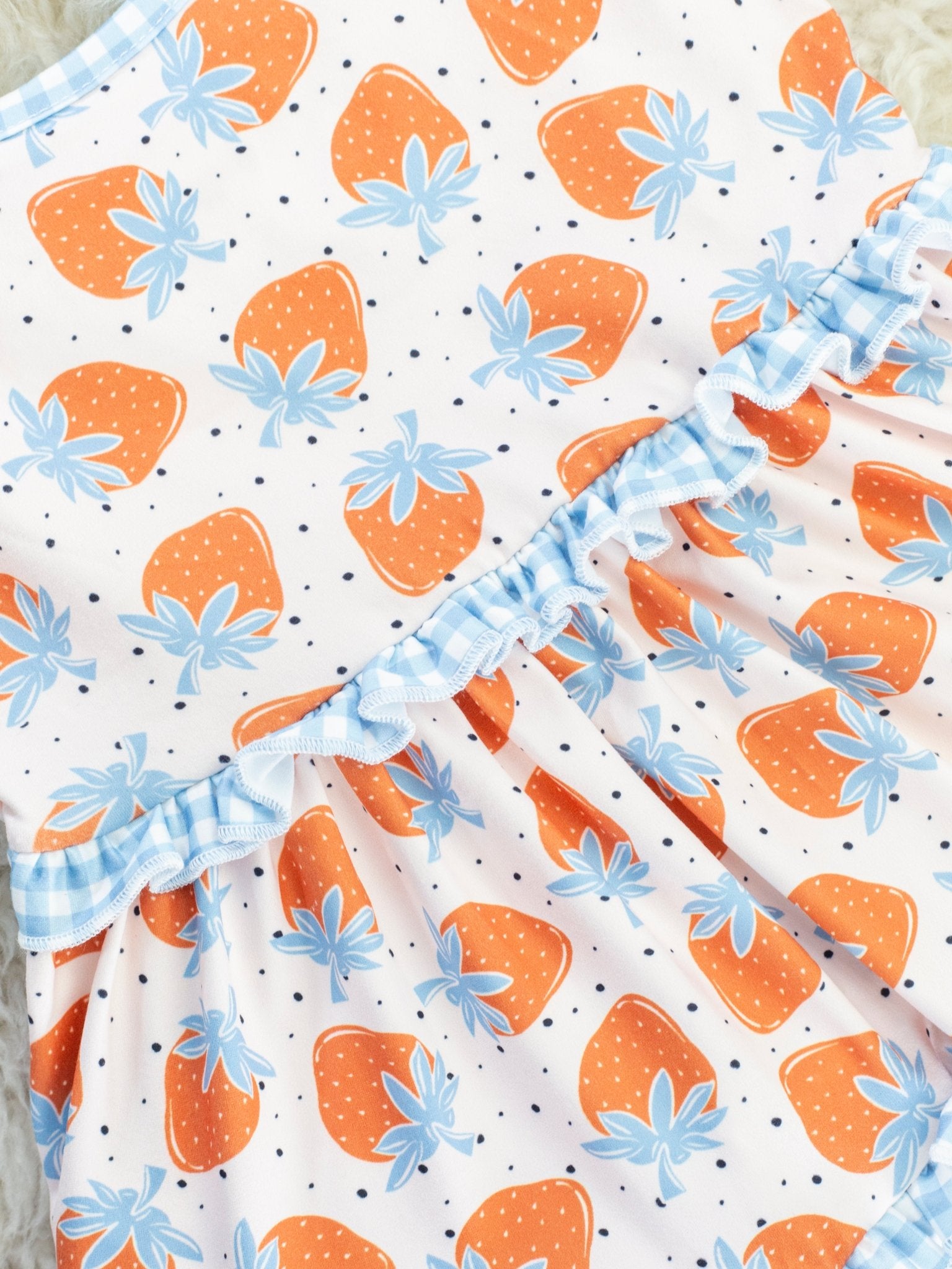 Tan Strawberry Gingham Ruffle Dress - Marie Nicole Clothing