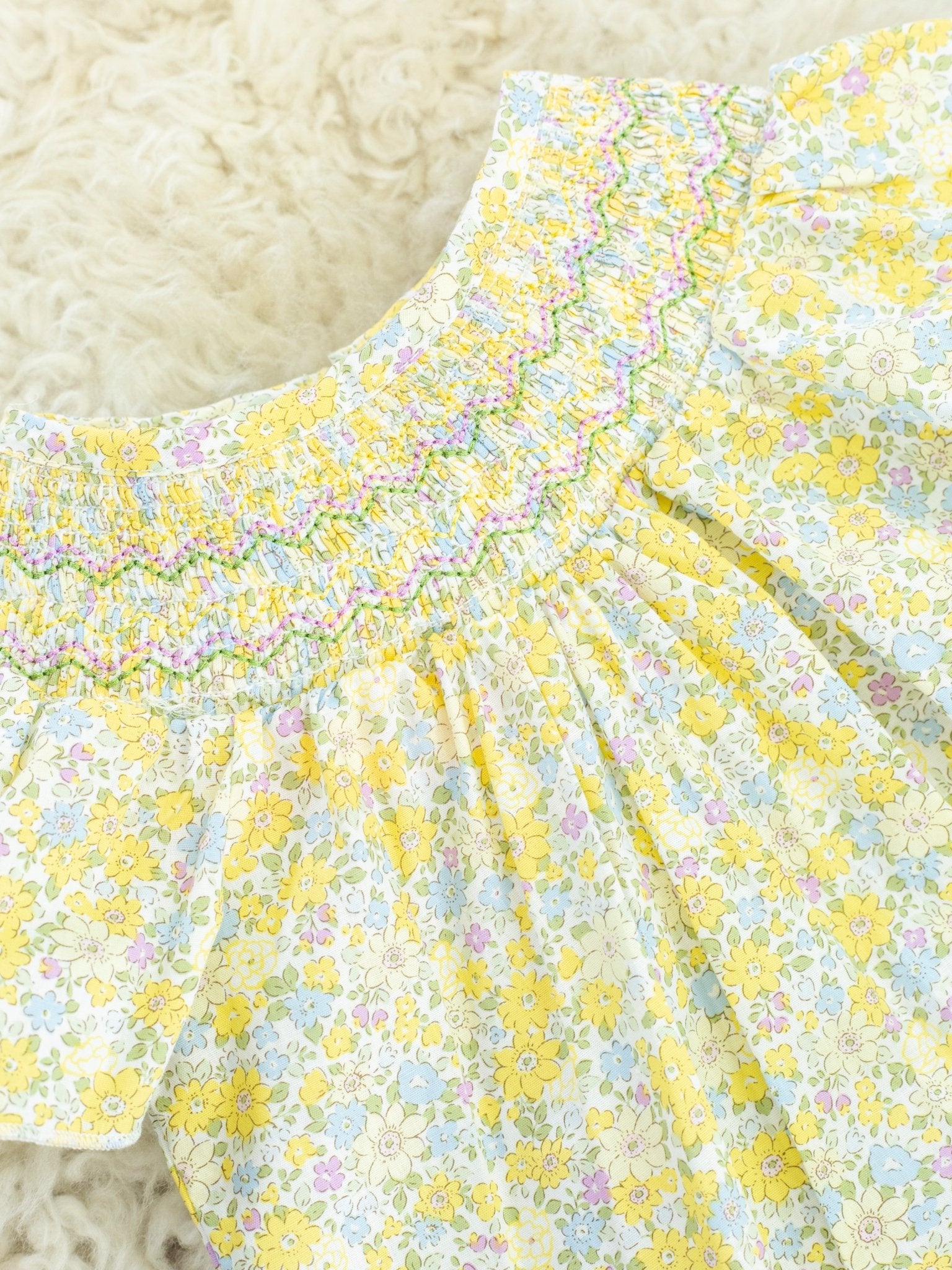 Yellow Floral Smocked Bubble Romper - Marie Nicole Clothing