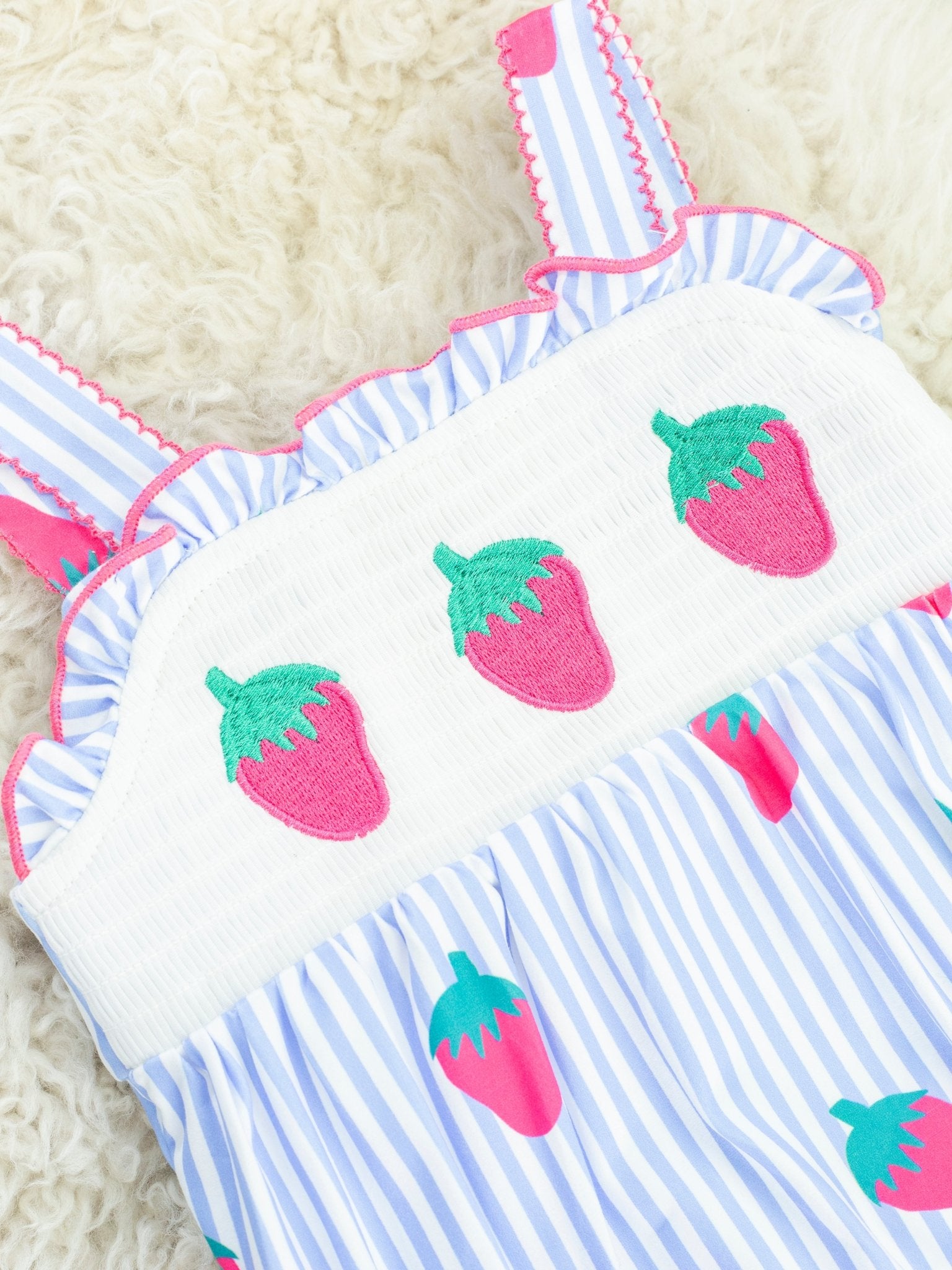 Pinstriped Strawberry Smocked Bubble Romper - Marie Nicole Clothing