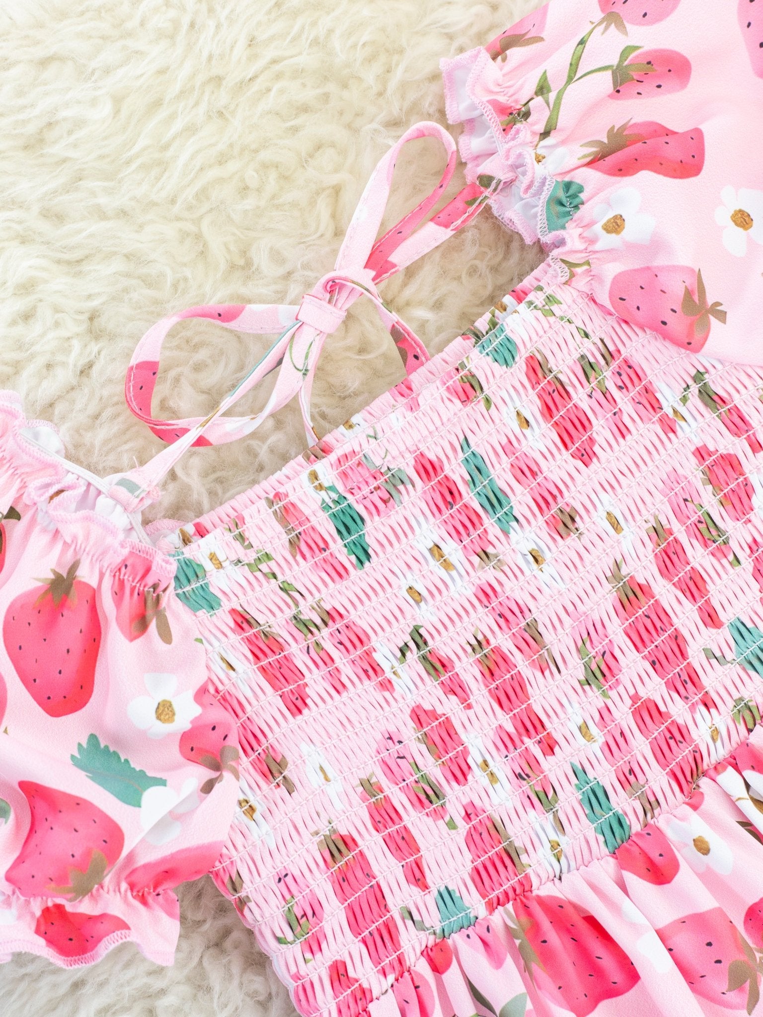 Strawberry Puff Sleeve Smocked Dress - Marie Nicole Clothing