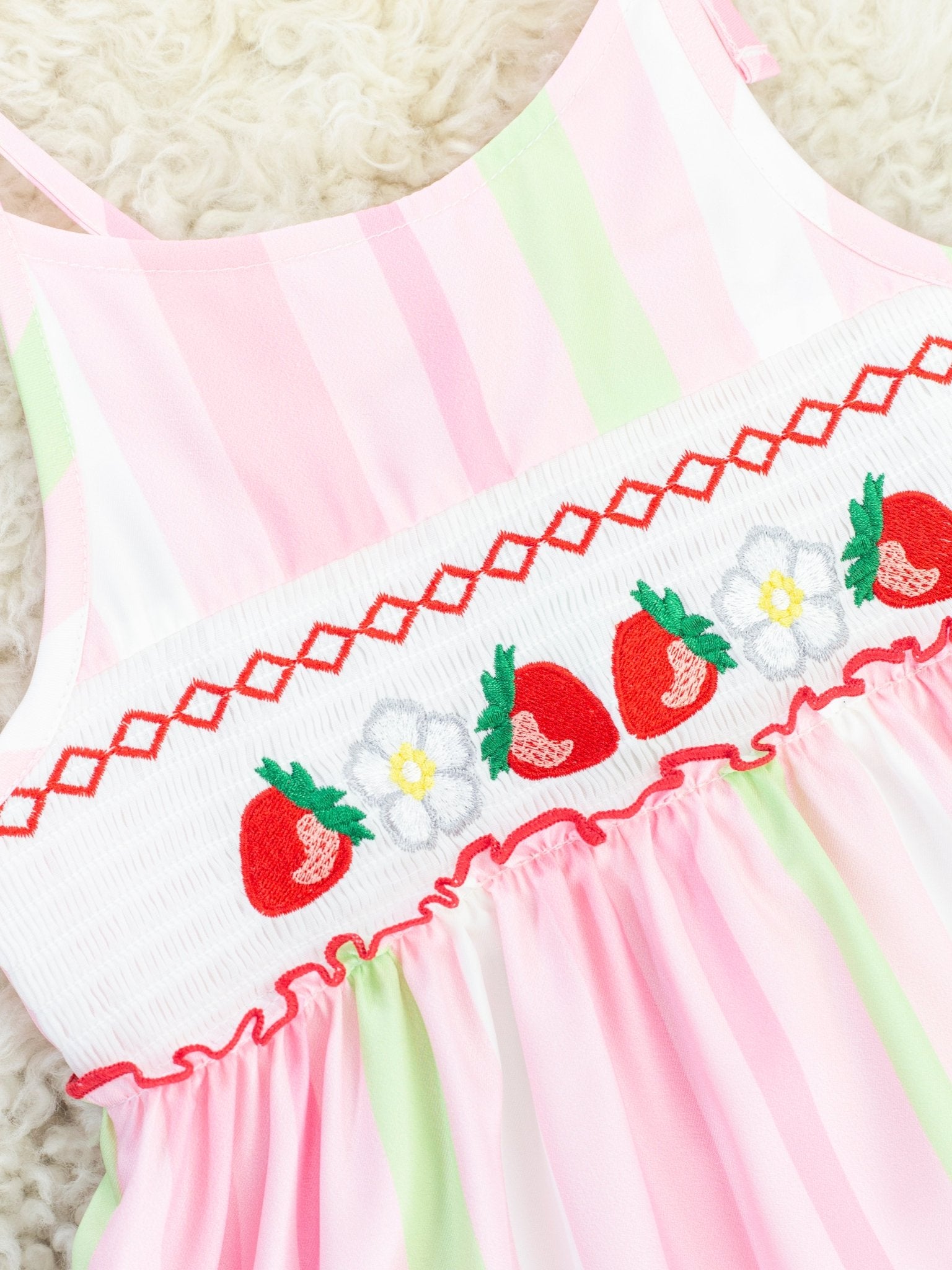 Pink & Green Striped Smocked Strawberry Dress - Marie Nicole Clothing