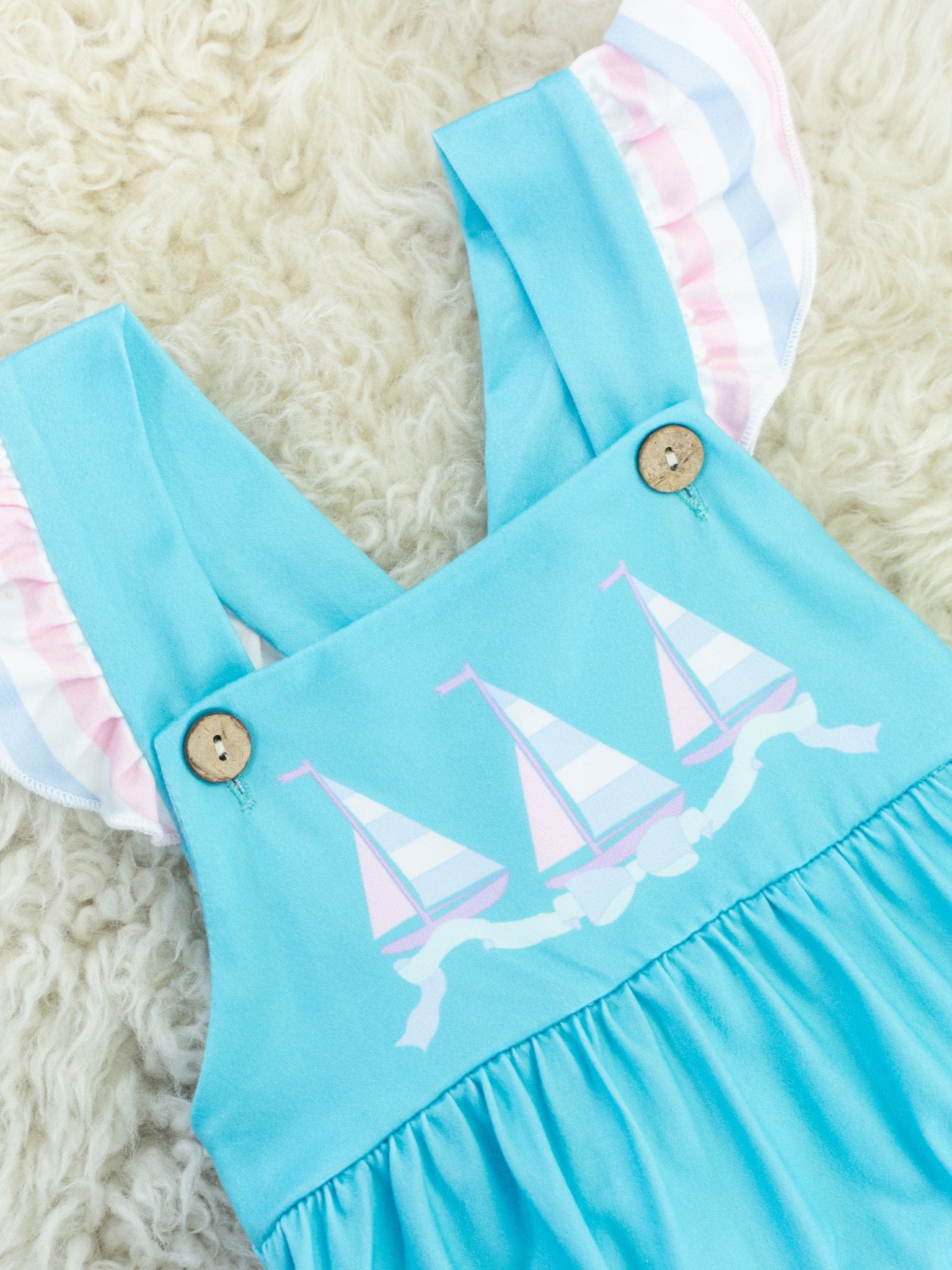 Blue Striped Sailboat Ruffle Bubble Romper - Marie Nicole Clothing