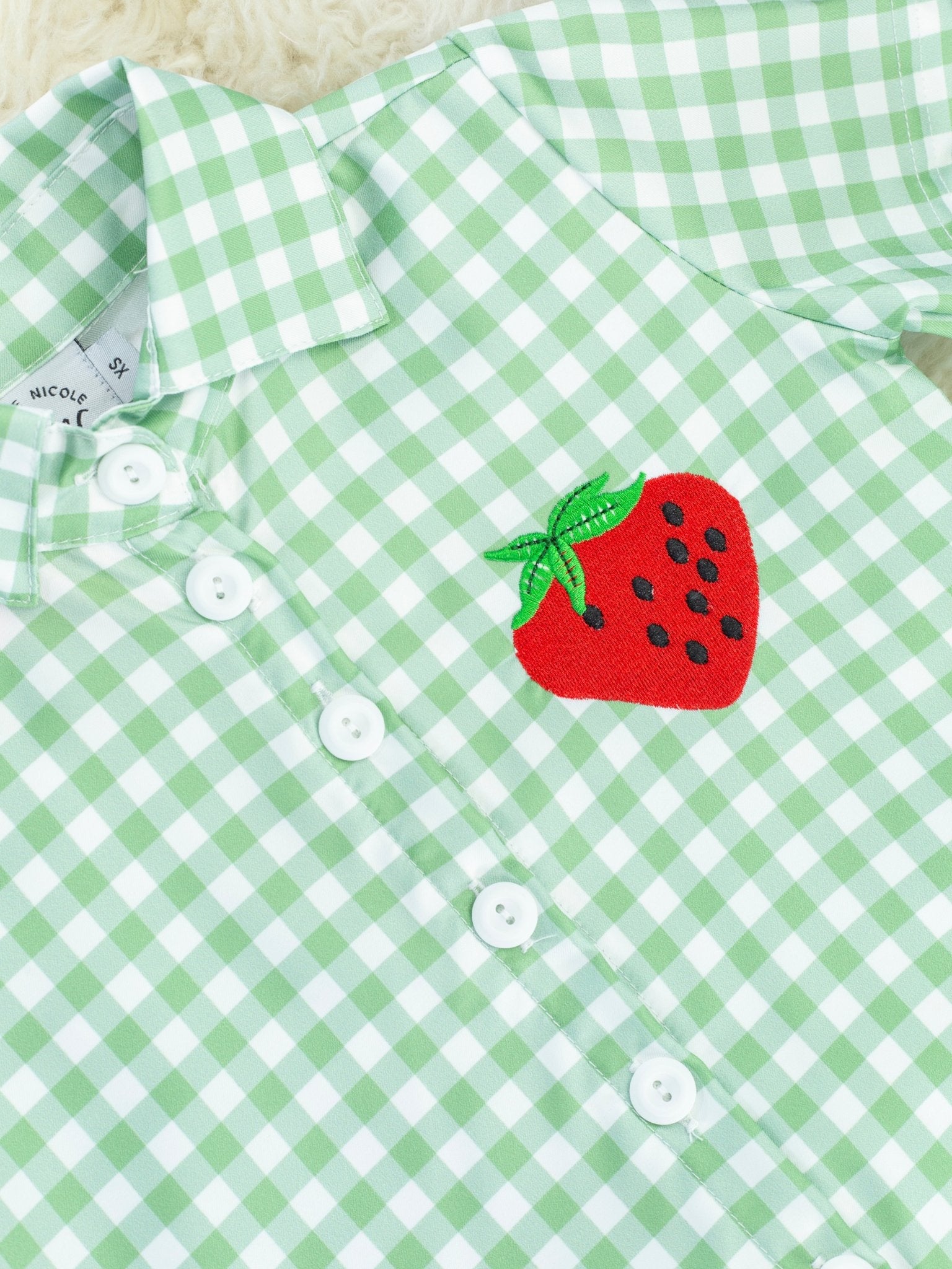 Green Gingham Strawberry Polo - Marie Nicole Clothing