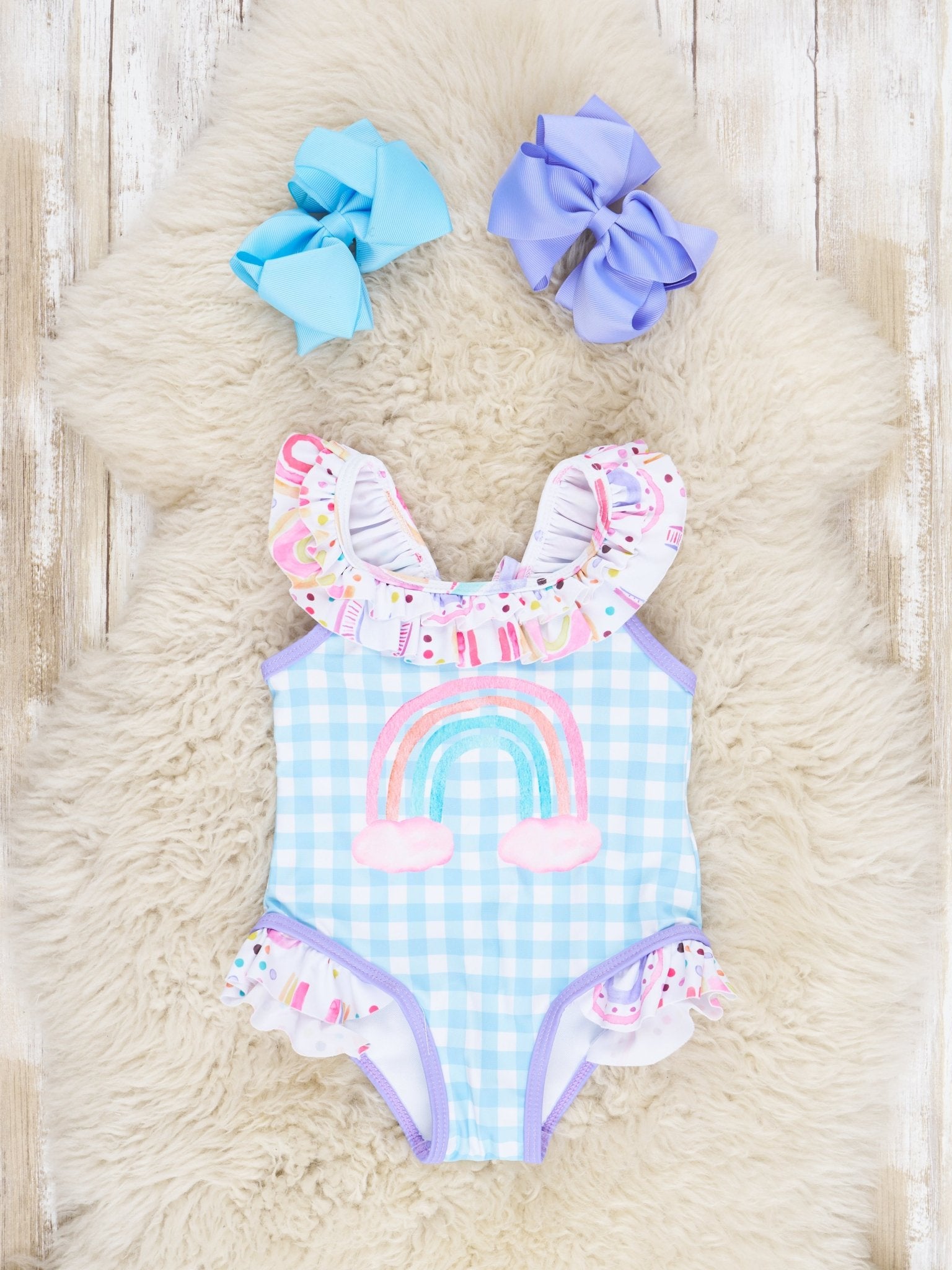 Blue Gingham Rainbow Ruffle Swimsuit - Marie Nicole Clothing