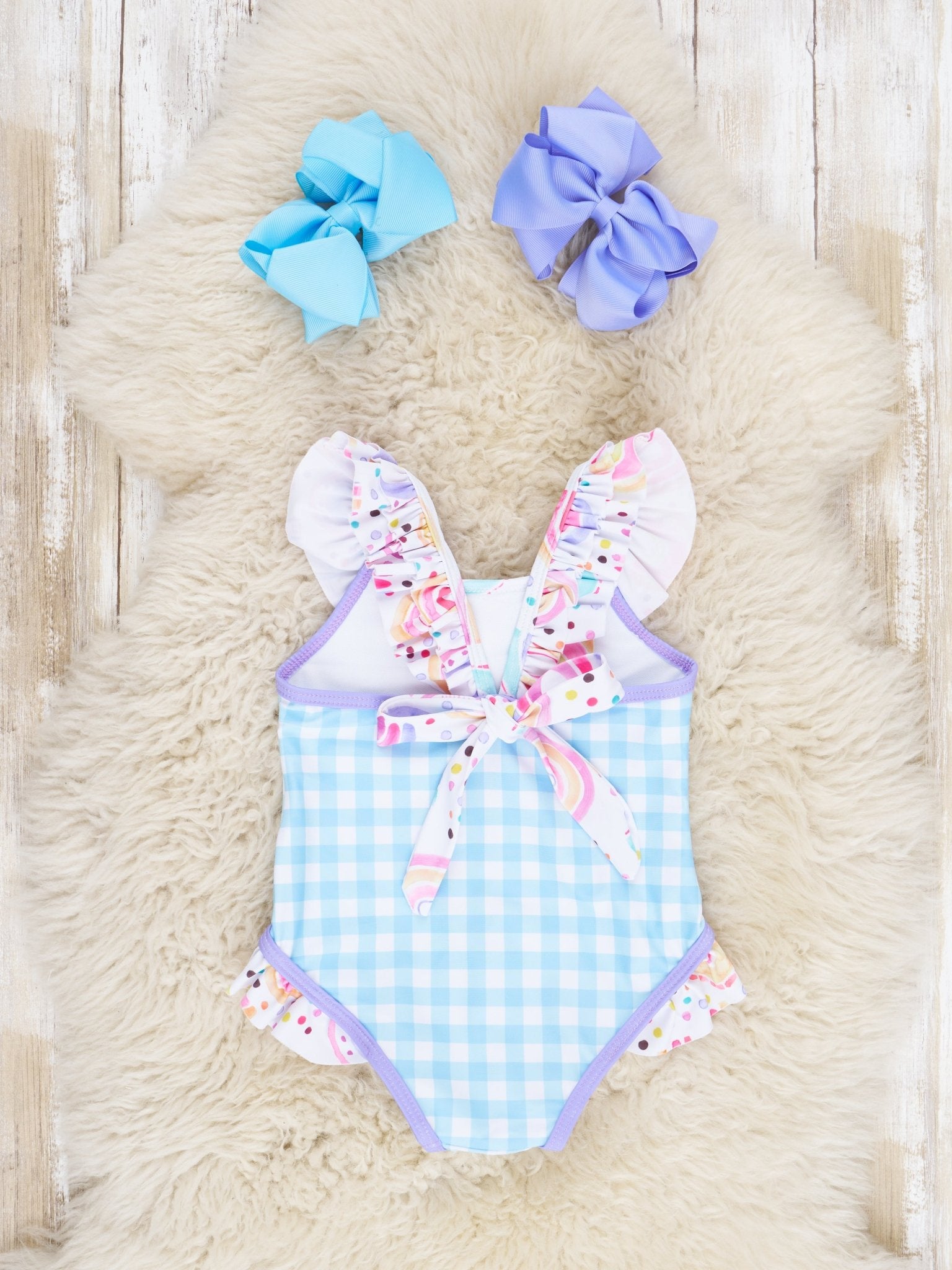 Blue Gingham Rainbow Ruffle Swimsuit - Marie Nicole Clothing
