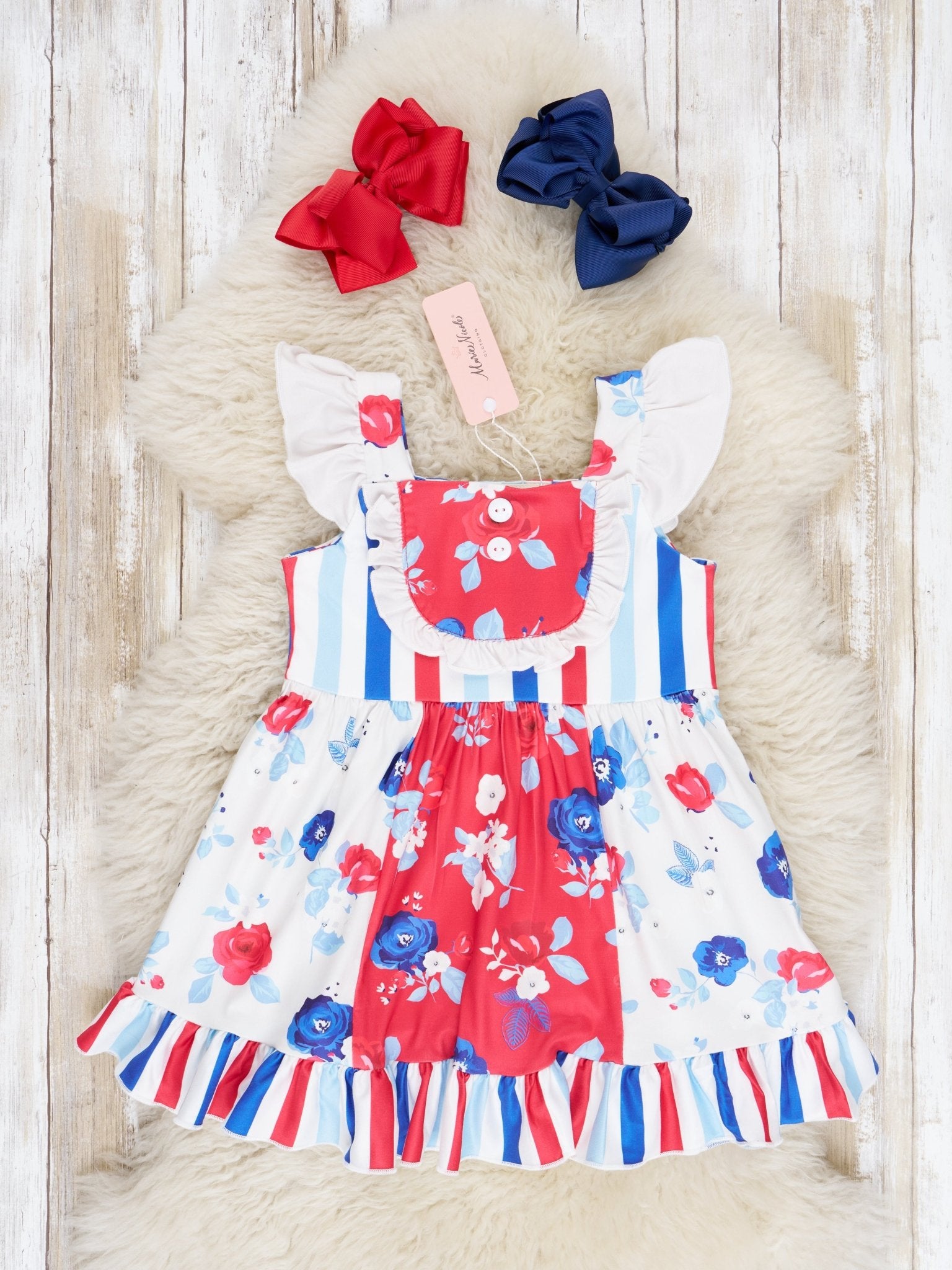 Red White & Blue Floral Ruffle Dress - Marie Nicole Clothing