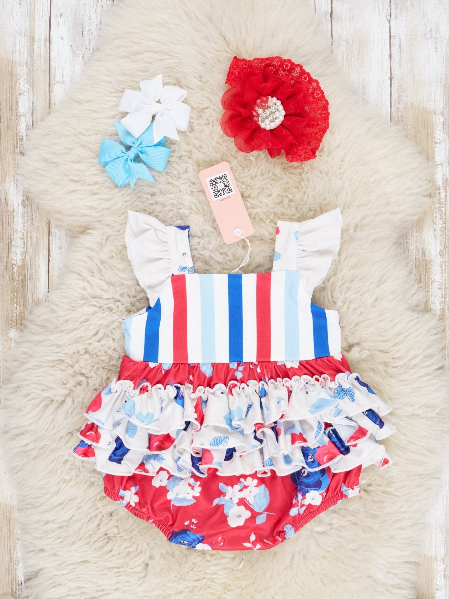 Red White & Blue Floral Ruffle Bubble Romper - Marie Nicole Clothing