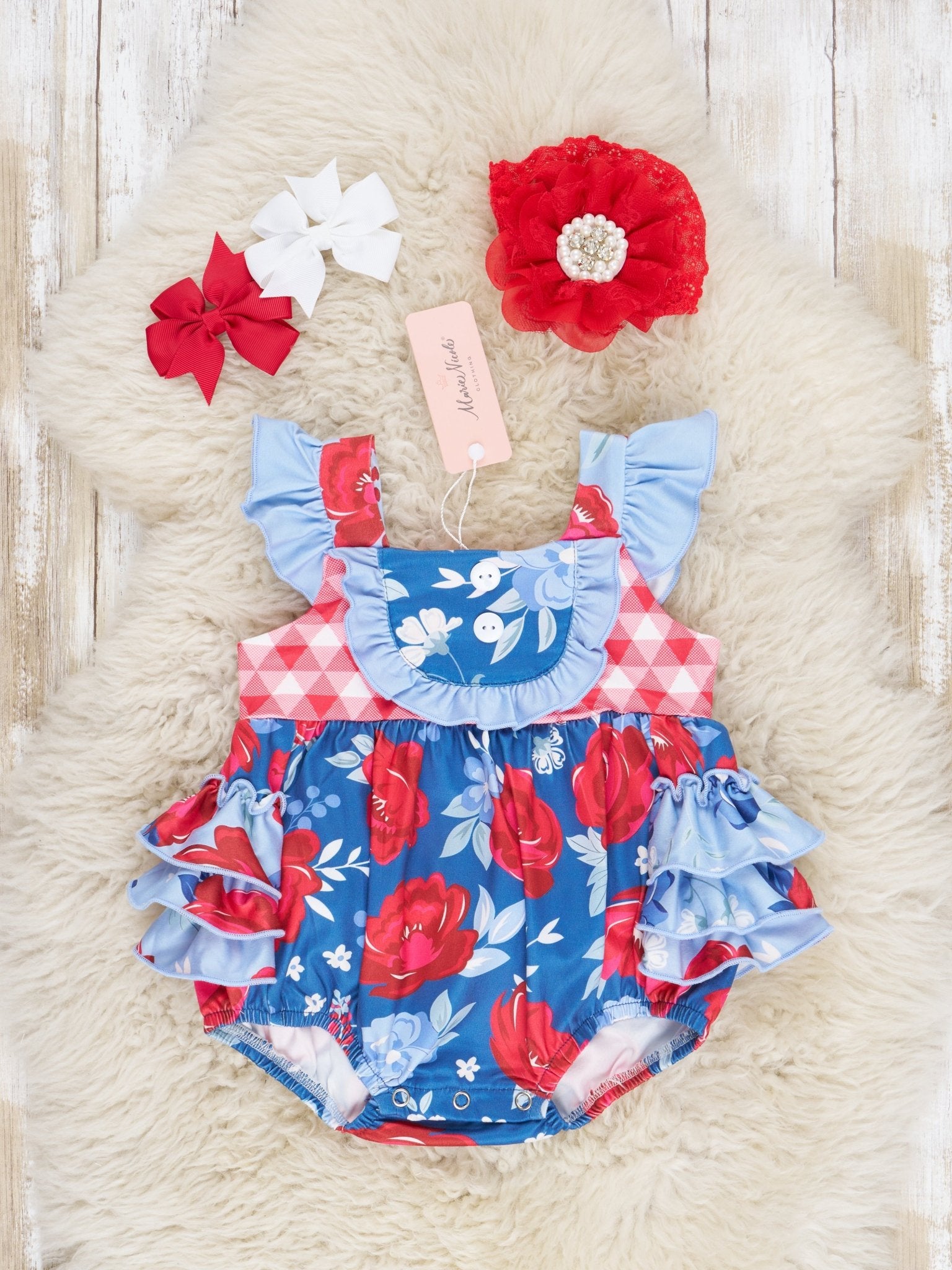 Red & Blue Rose Ruffle Bubble Romper - Marie Nicole Clothing
