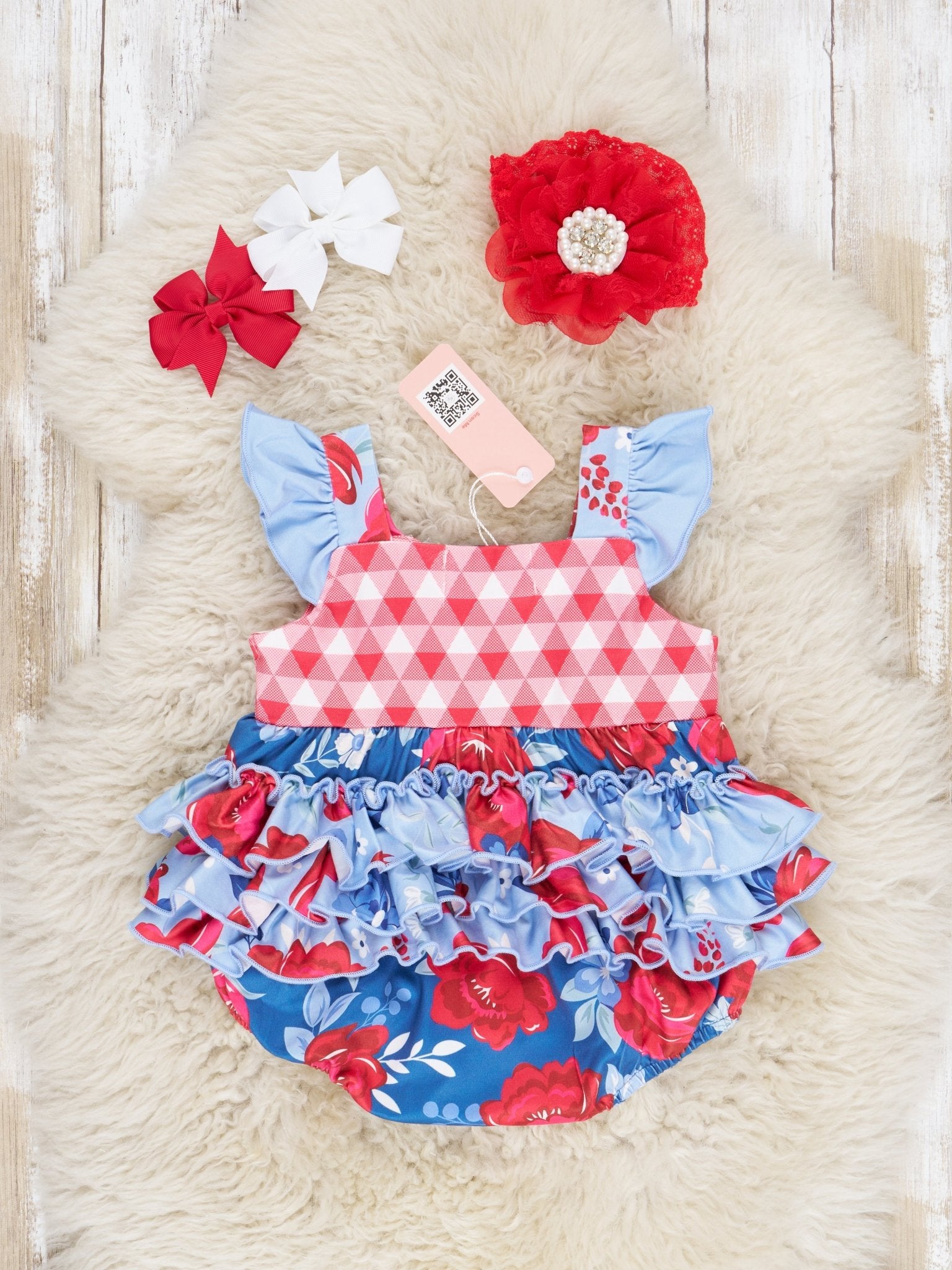 Red & Blue Rose Ruffle Bubble Romper - Marie Nicole Clothing