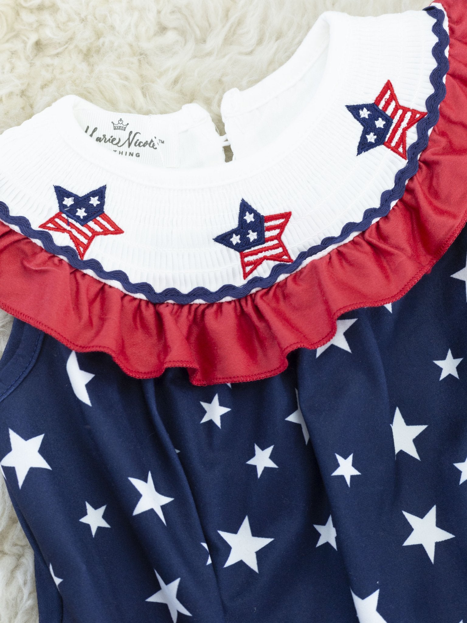 Stars & Stripes Smocked Ruffle Bubble Romper - Marie Nicole Clothing