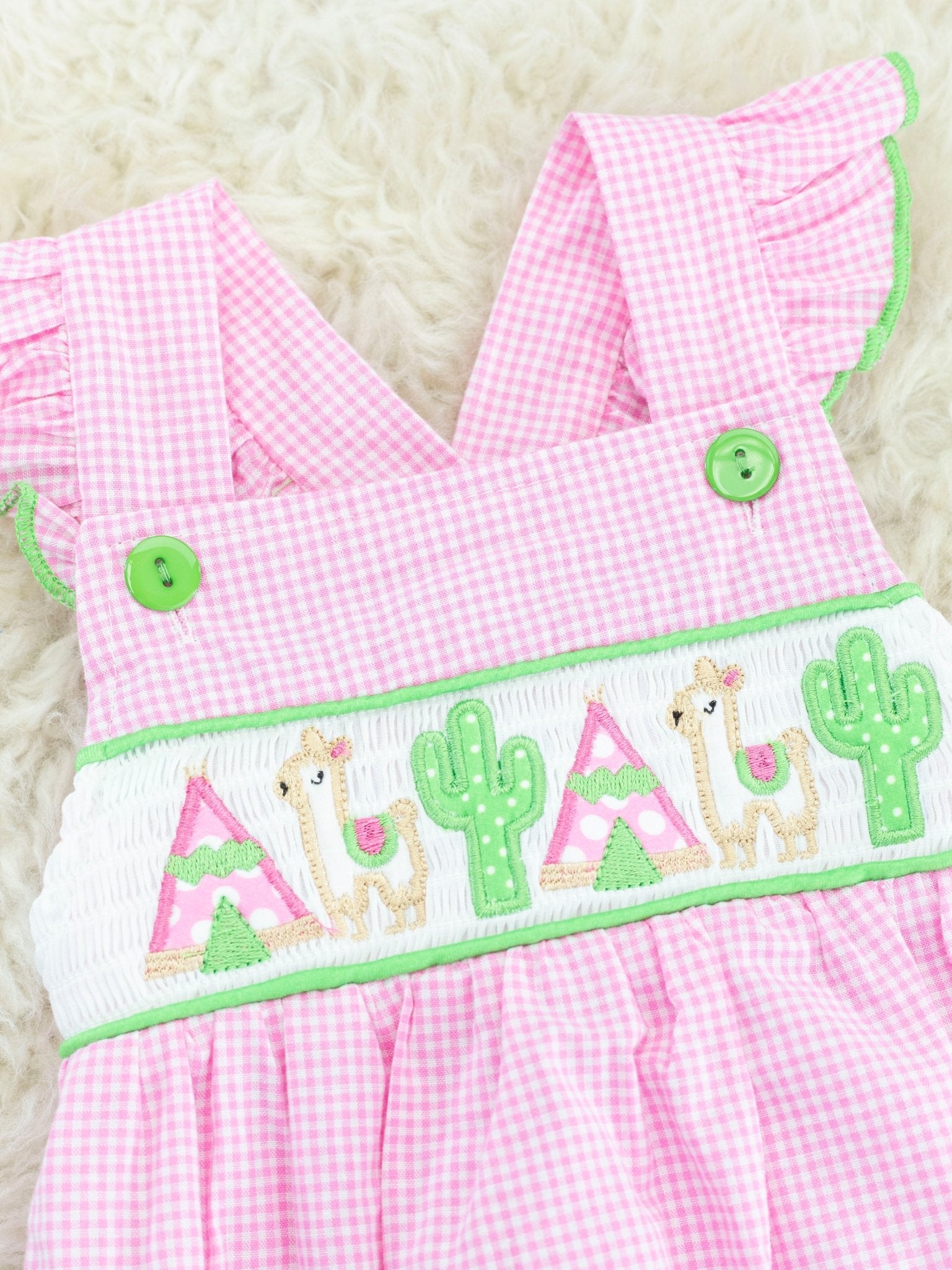 Pink Gingham Smocked Llama Bubble Romper - Marie Nicole Clothing