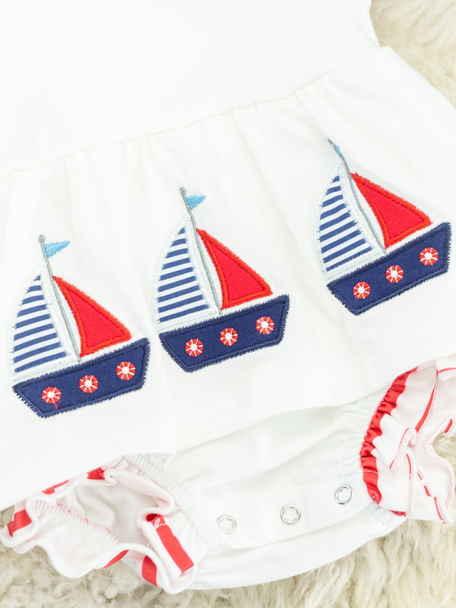 Red & Blue Sailboat Ruffle Bubble Romper - Marie Nicole Clothing