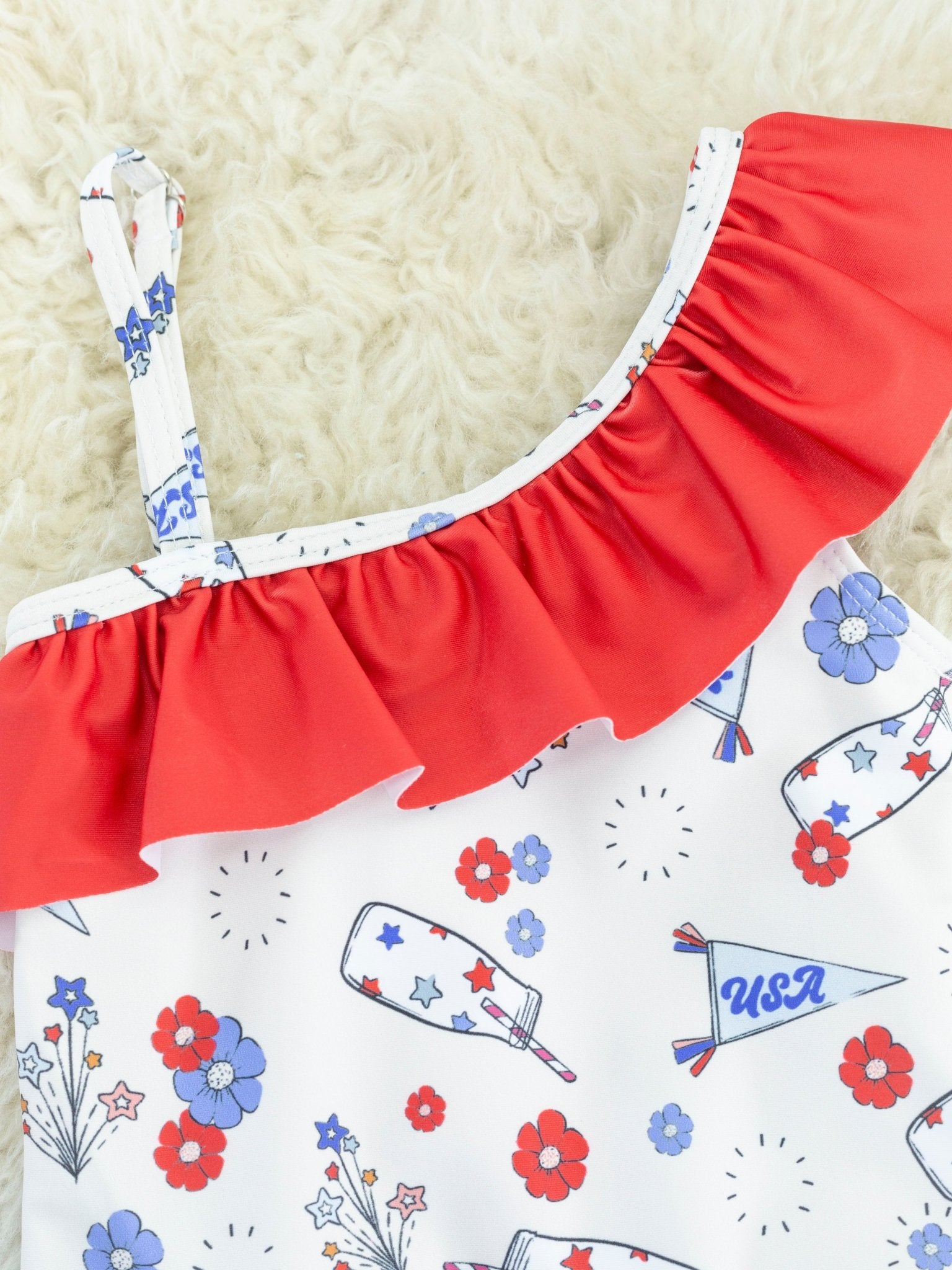 Red, White & Blue Floral Asymmetrical Swimsuit - Marie Nicole Clothing