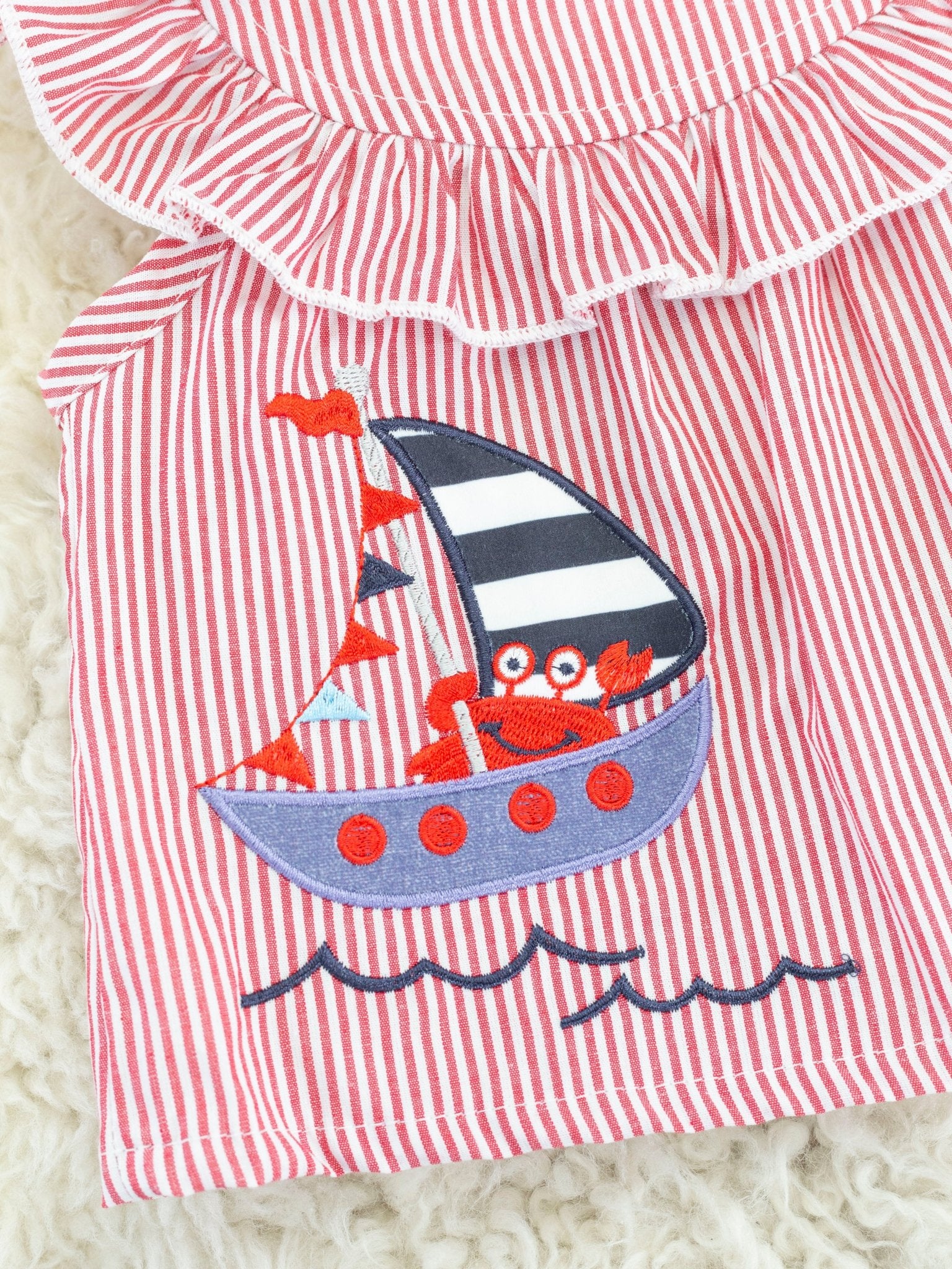 Red Pinstriped Sailboat Bloomers Outfit - Marie Nicole Clothing