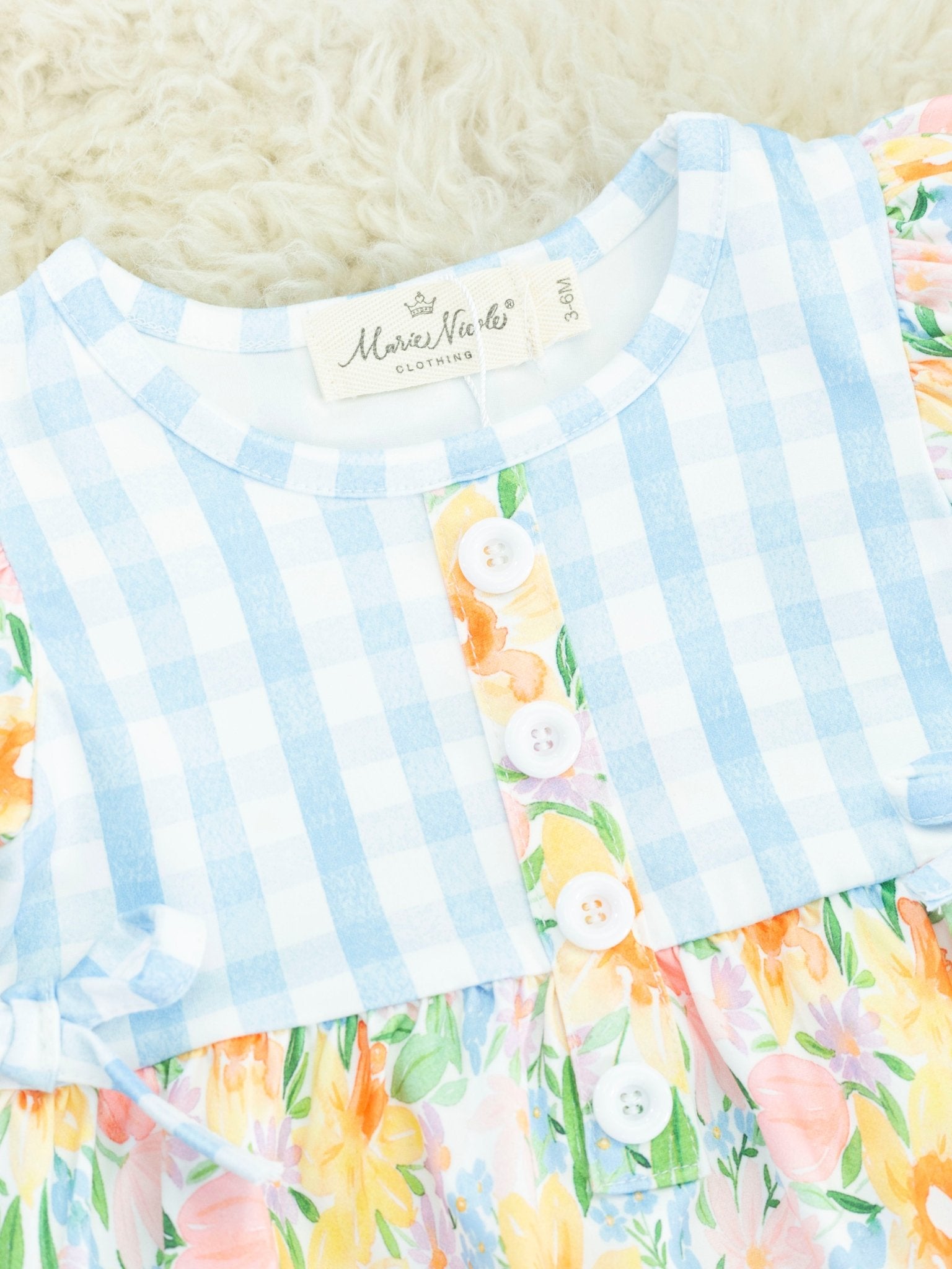 Blue Gingham & Yellow Floral Ruffle Bubble Romper - Marie Nicole Clothing