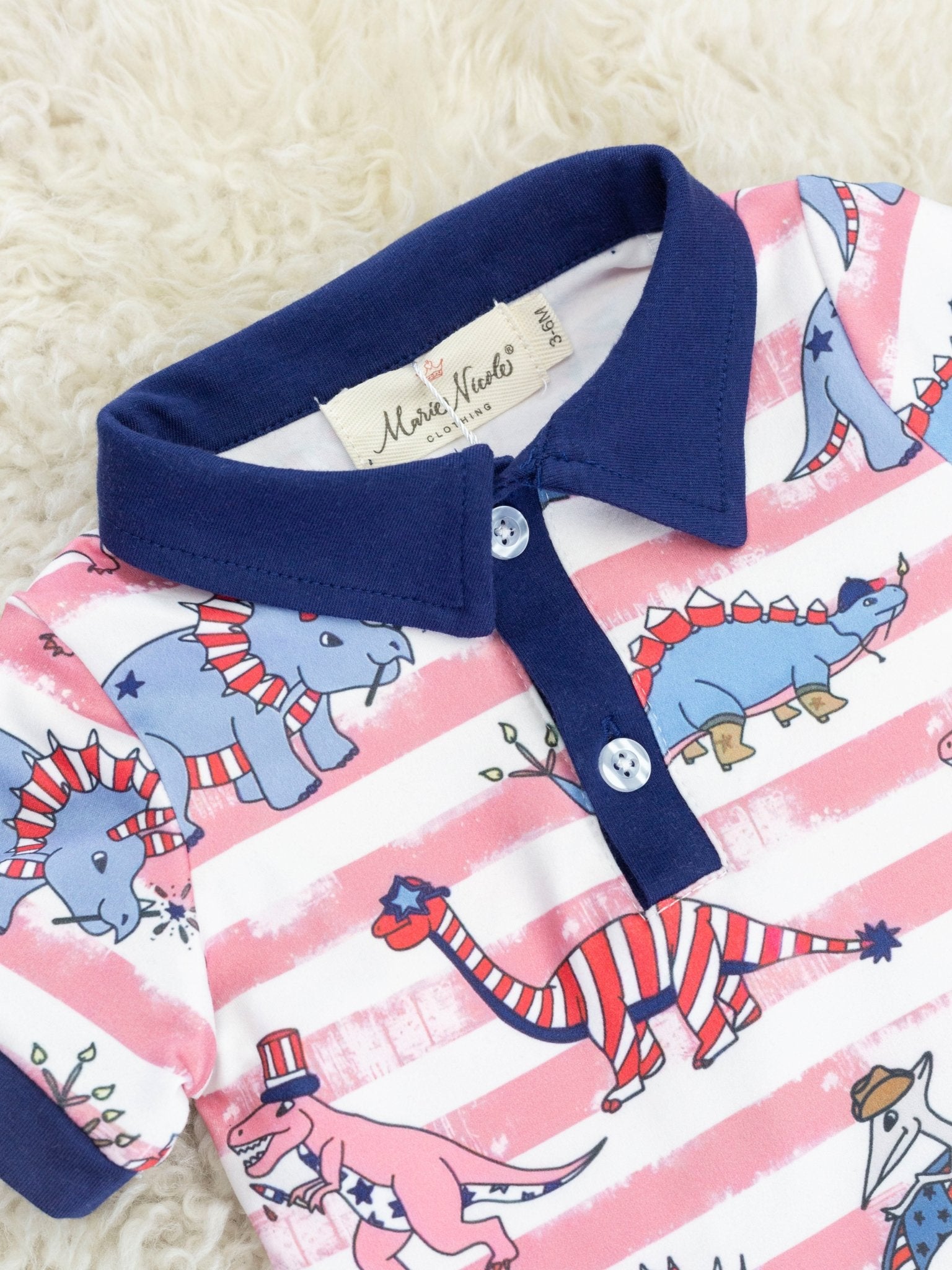 Stripe Dino Patriotic Polo Romper - Marie Nicole Clothing