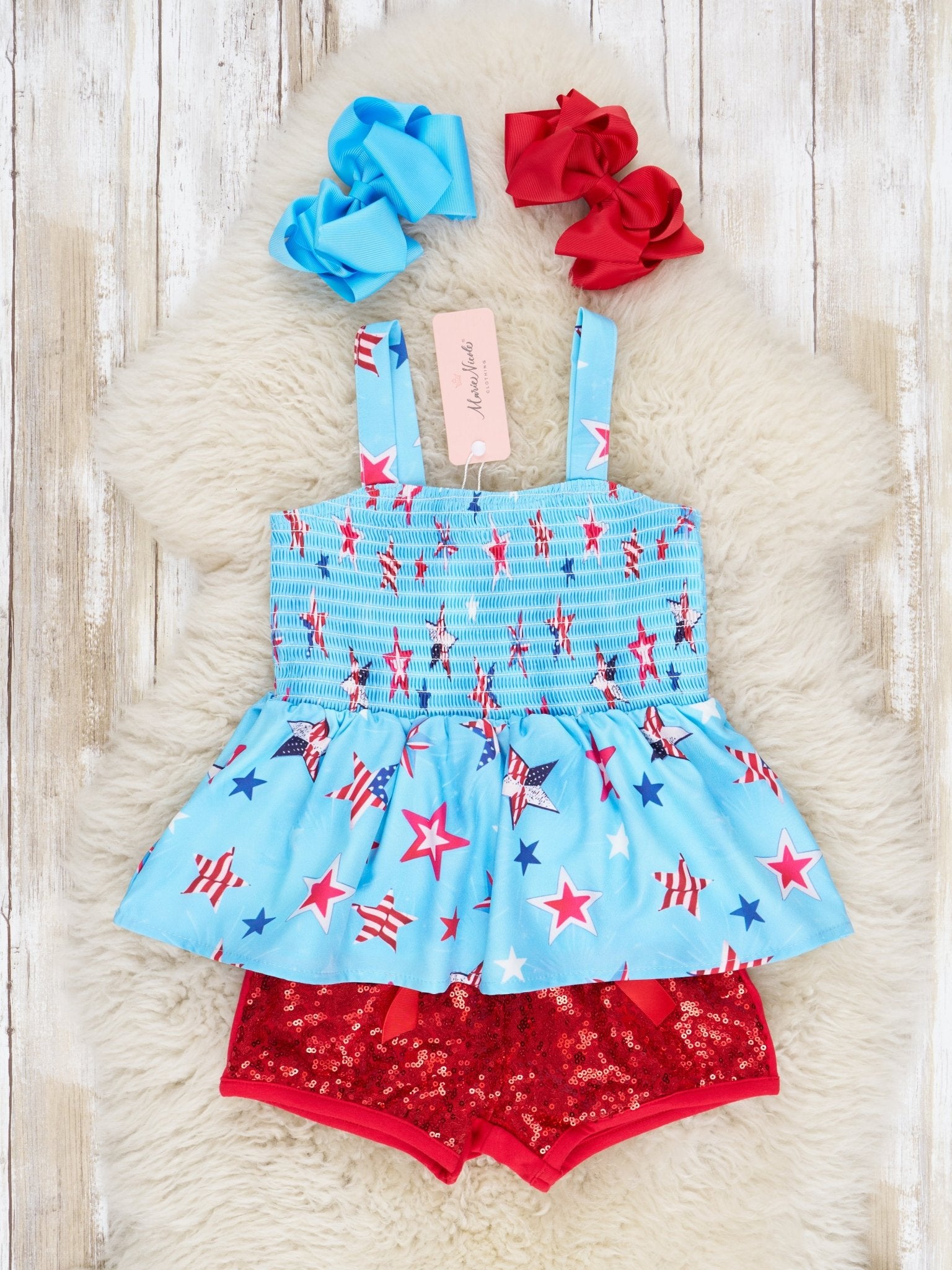 Patriotic Stars Smocked Sequin Outfit - Marie Nicole Clothing