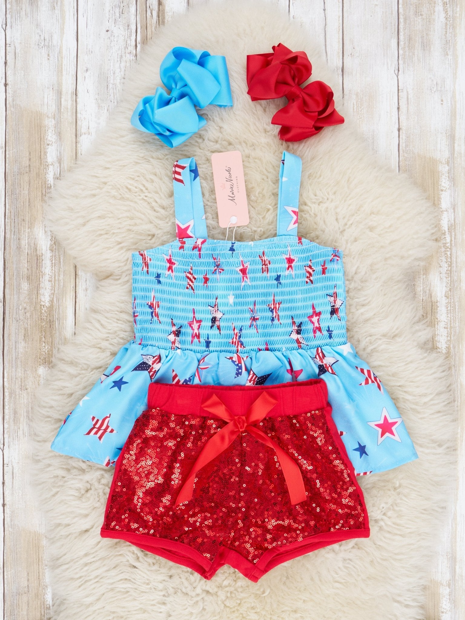 Patriotic Stars Smocked Sequin Outfit - Marie Nicole Clothing