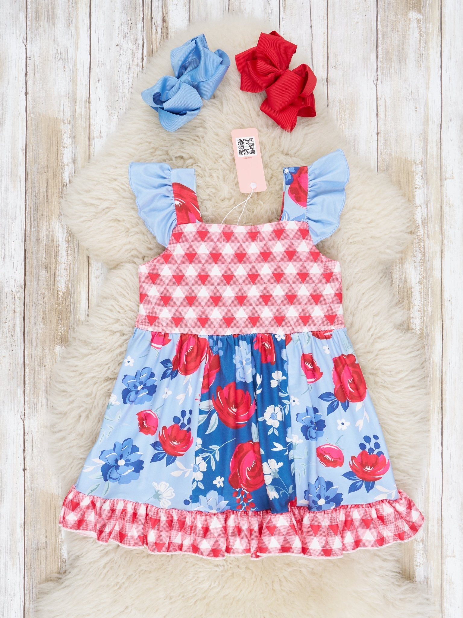 Red & Blue Rose Ruffle Dress - Marie Nicole Clothing