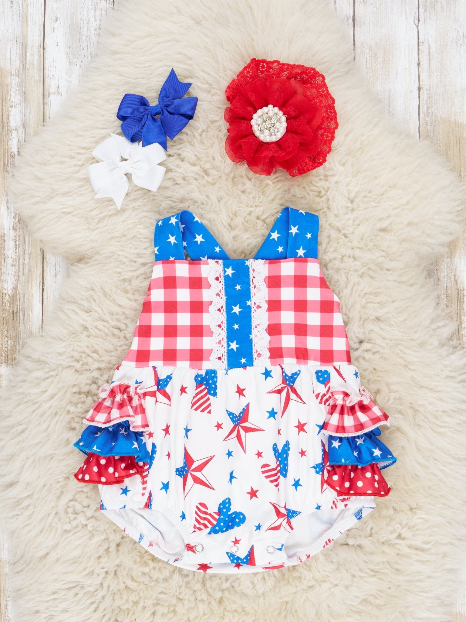 Stars & Stripes Heart Ruffle Bubble Romper - Marie Nicole Clothing