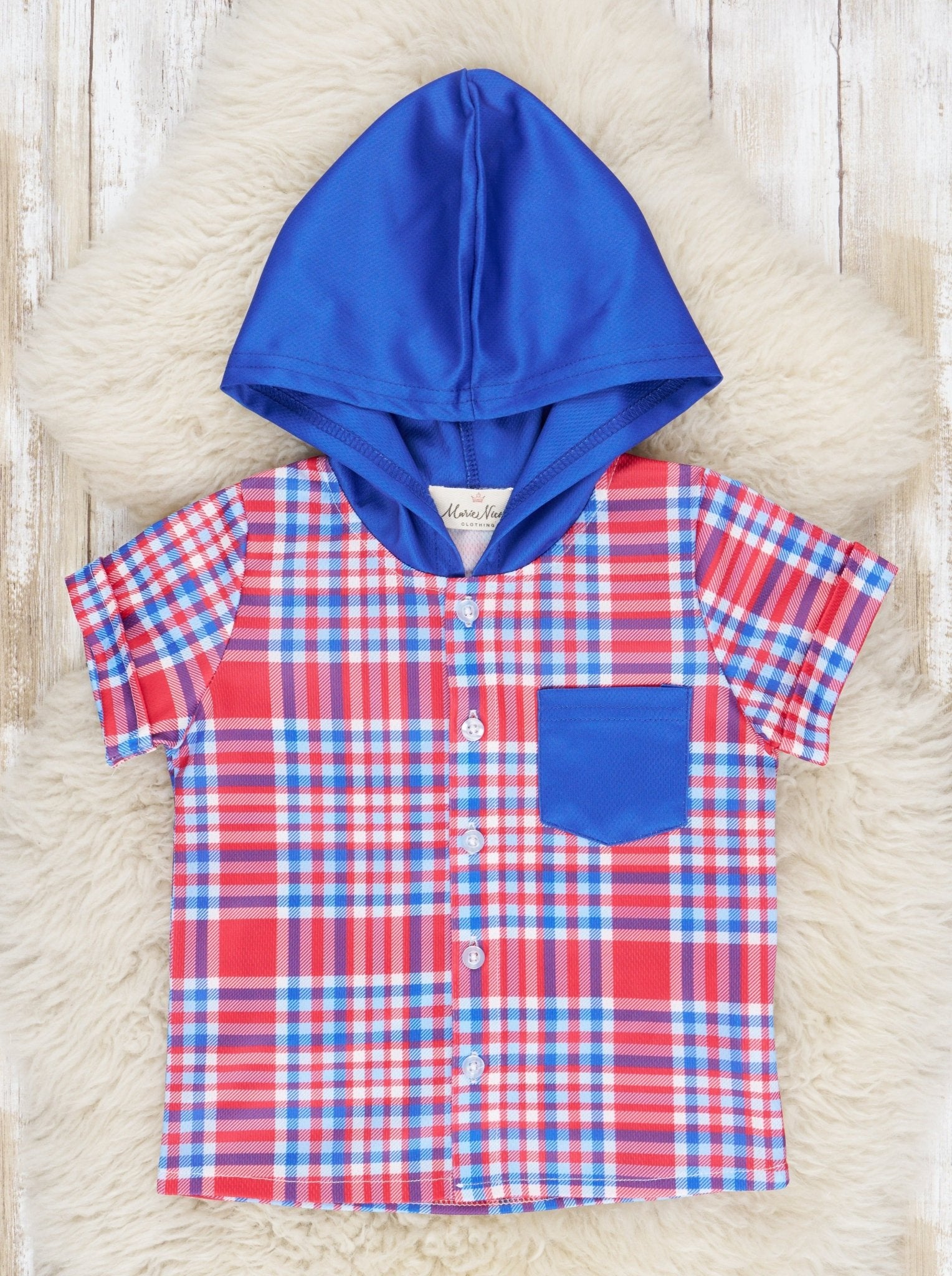 Red & Blue Plaid Hooded Shirt - Marie Nicole Clothing