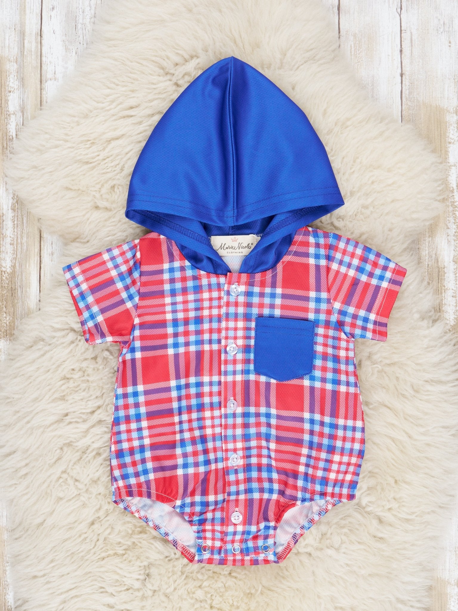 Red & Blue Plaid Hooded Romper - Marie Nicole Clothing