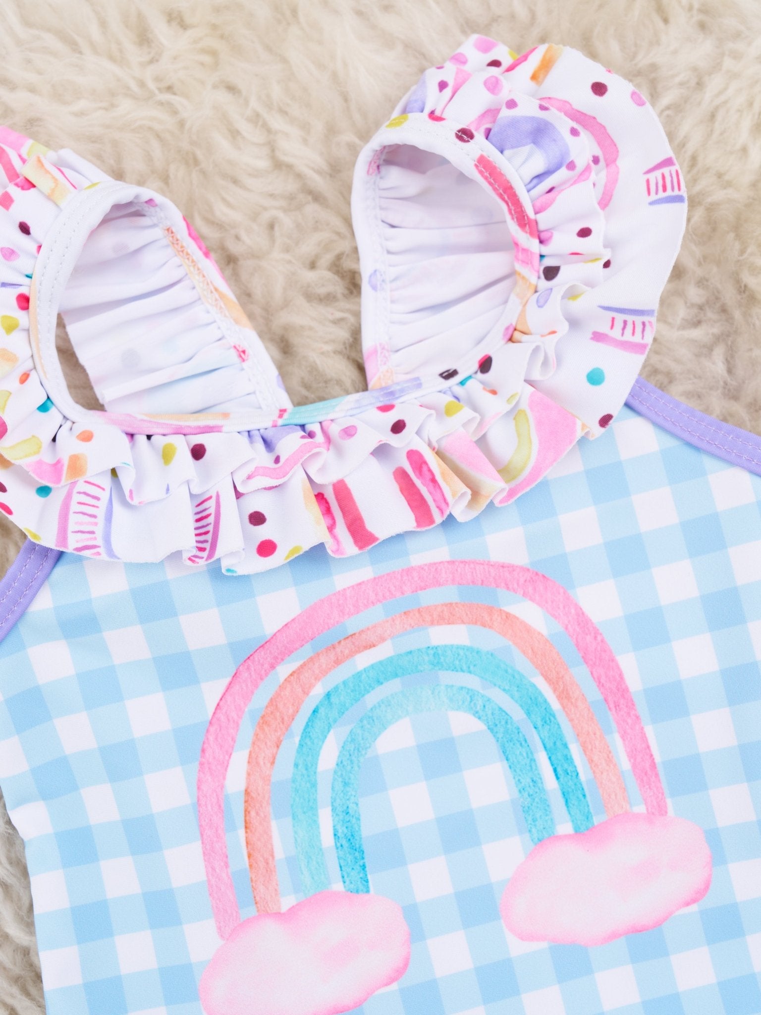 Blue Gingham Rainbow Ruffle Swimsuit - Marie Nicole Clothing