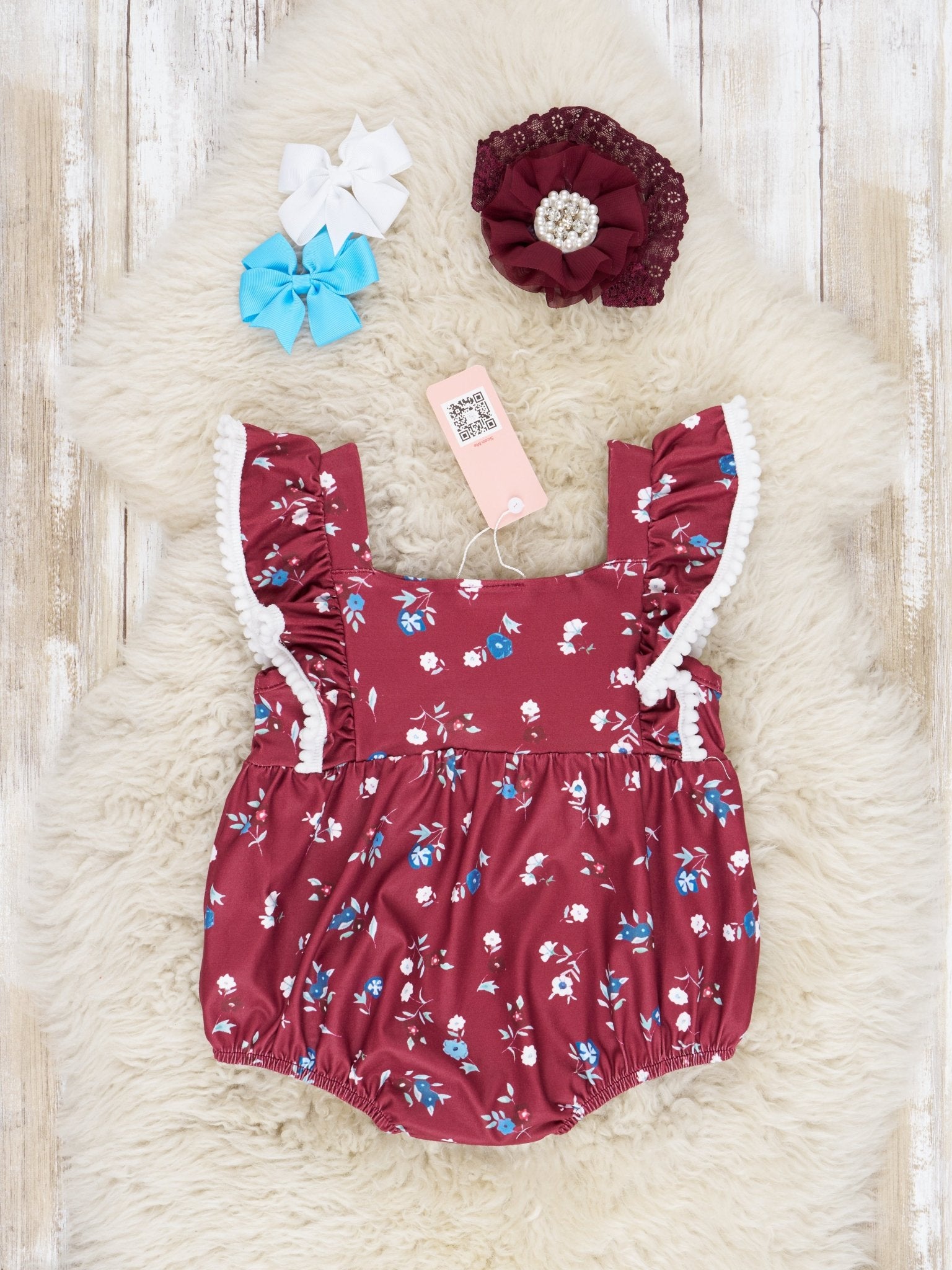 Burgundy Floral Ruffle Bubble Romper - Marie Nicole Clothing
