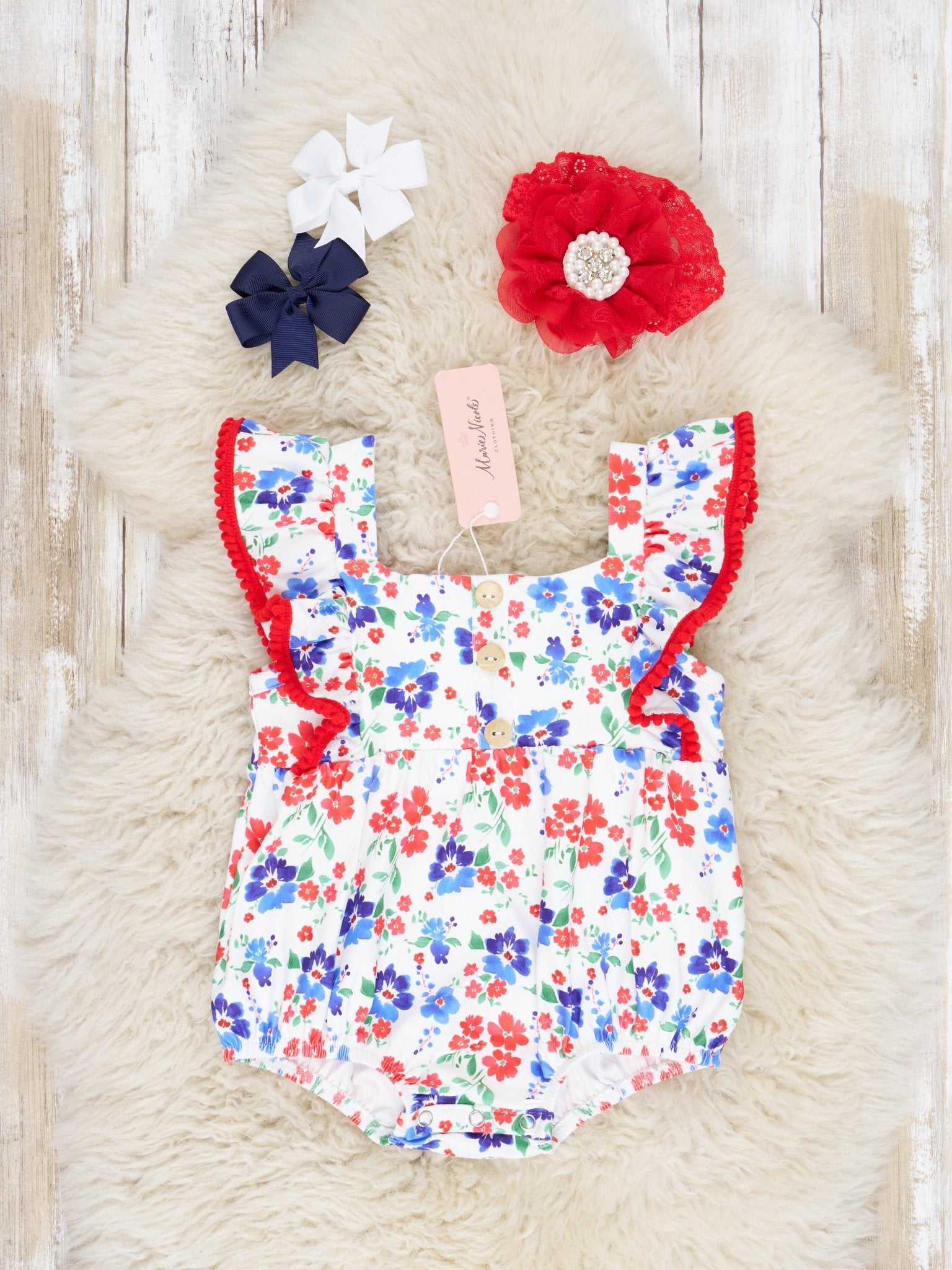 Red White & Blue Poppy Ruffle Bubble Romper - Marie Nicole Clothing