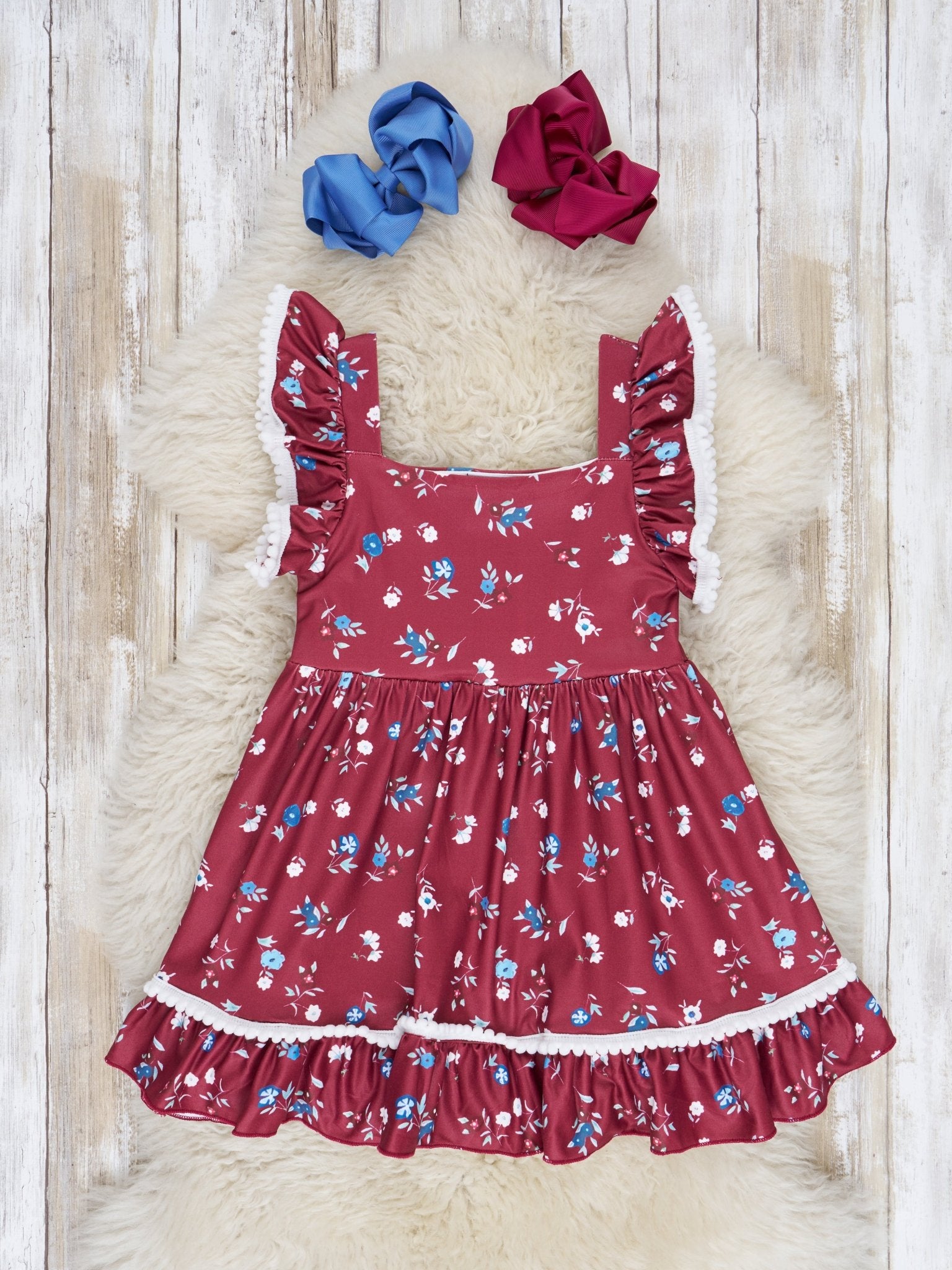 Burgundy Floral Ruffle Dress - Marie Nicole Clothing