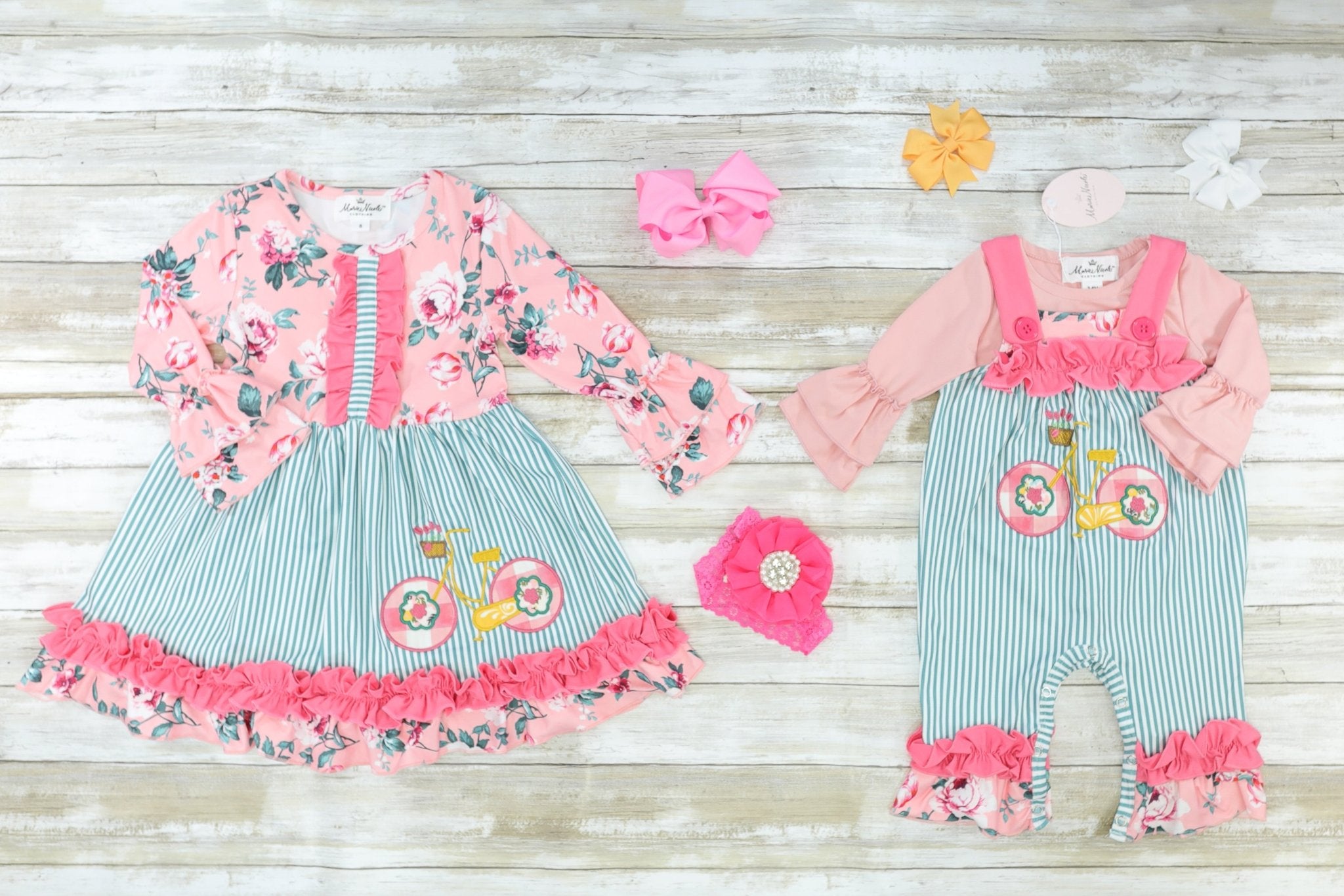 Pink & Green Bike Ruffle Romper - Marie Nicole Clothing