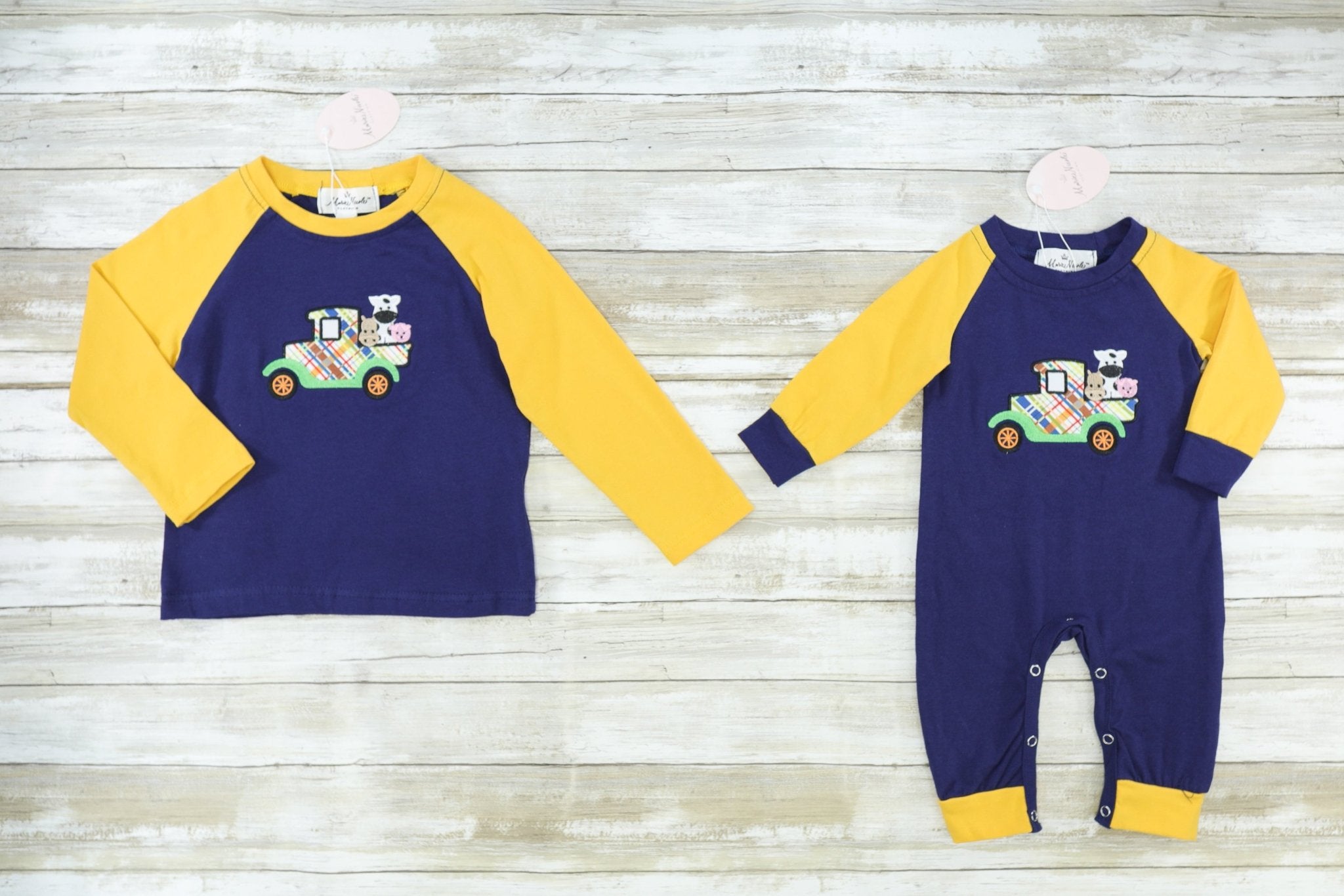 Navy & Yellow Farm Truck Raglan Romper - Marie Nicole Clothing