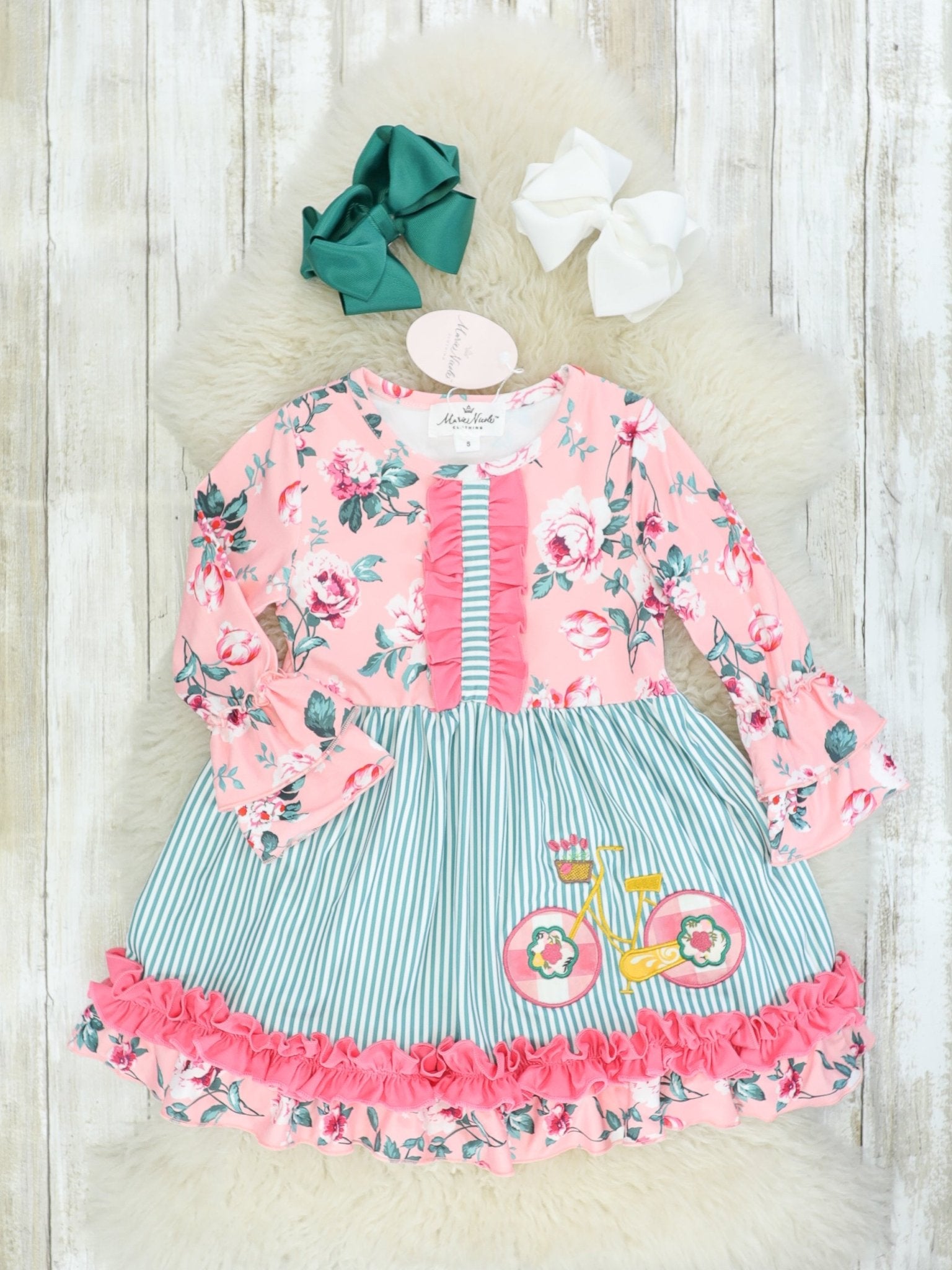 Pink & Green Bike Ruffle Dress - Marie Nicole Clothing