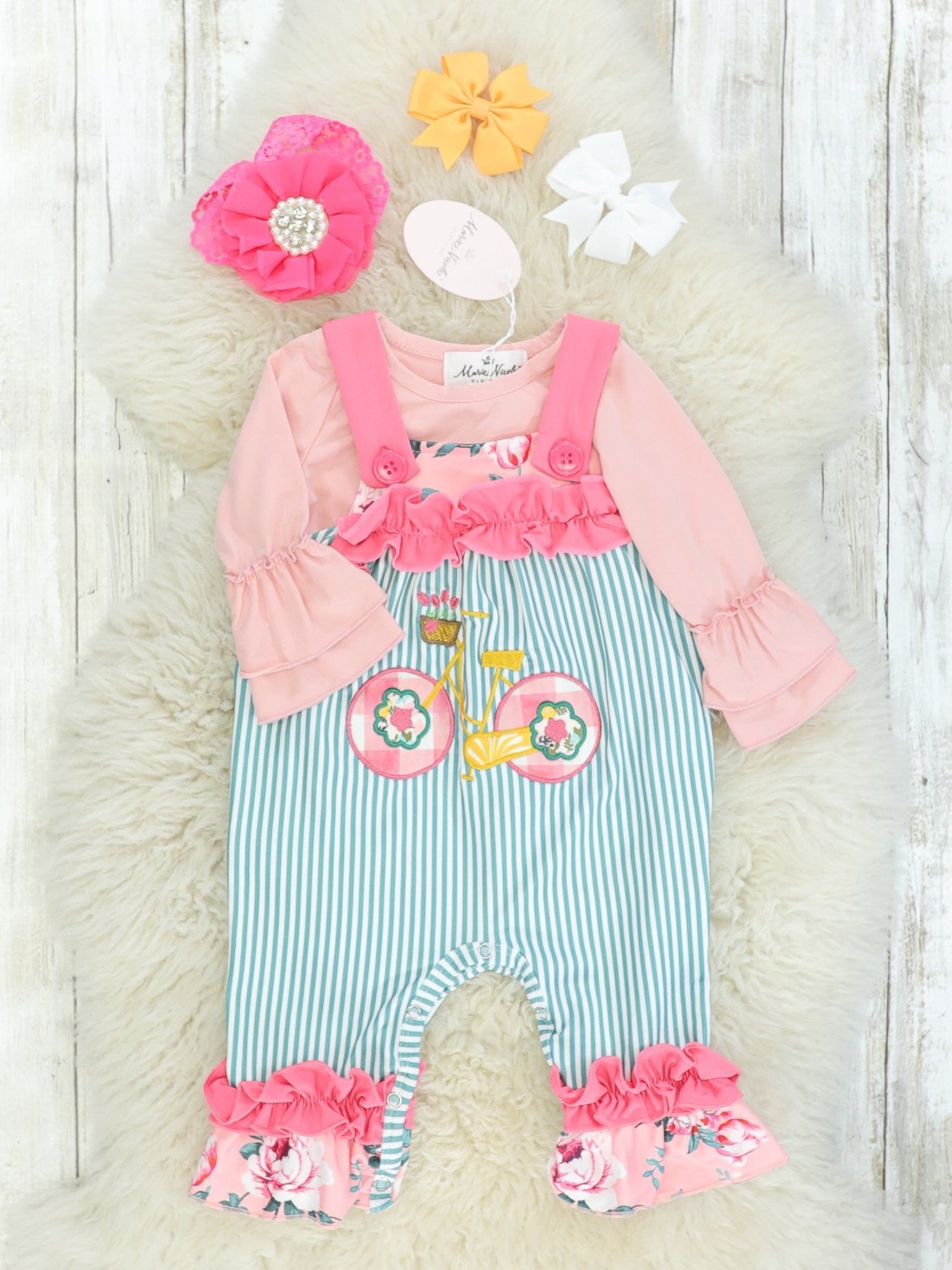 Pink & Green Bike Ruffle Romper - Marie Nicole Clothing