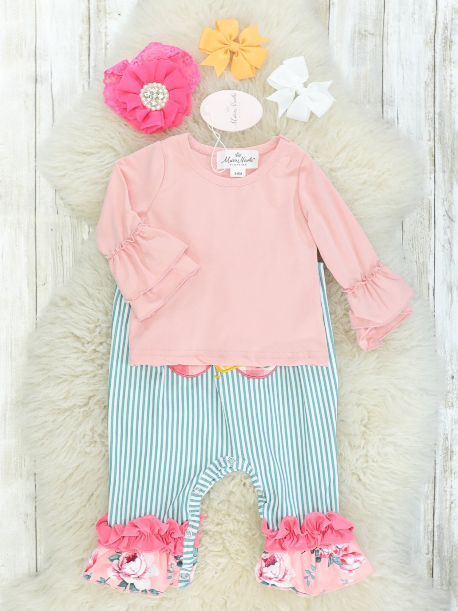 Pink & Green Bike Ruffle Romper - Marie Nicole Clothing