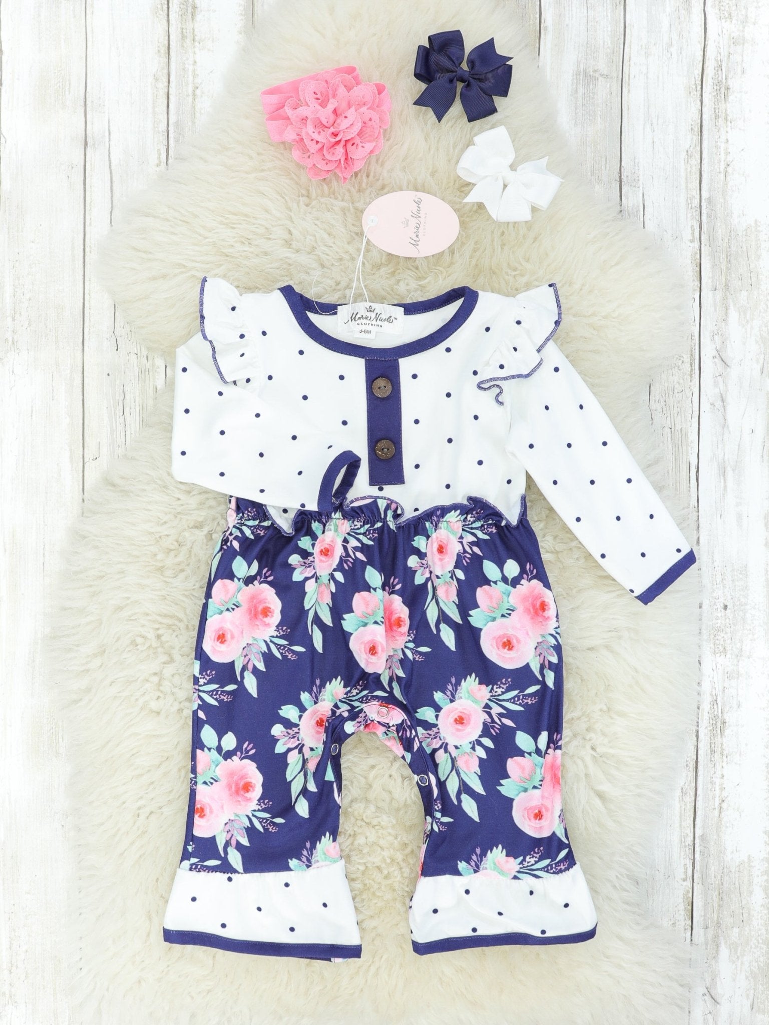 White Polka Dot & Dark Floral Ruffle Romper - Marie Nicole Clothing